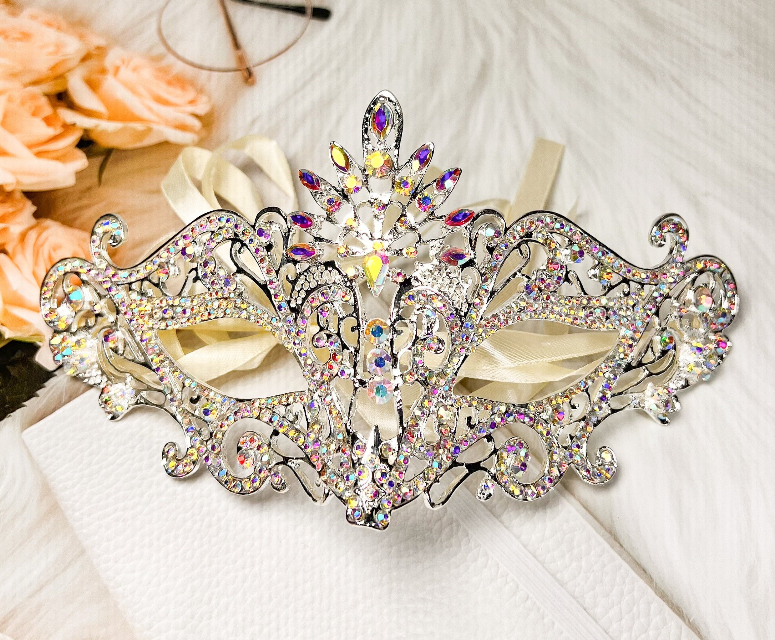 HappyJewelryWorld Crystal Rhinestone Masquerade Eye Mask Silver