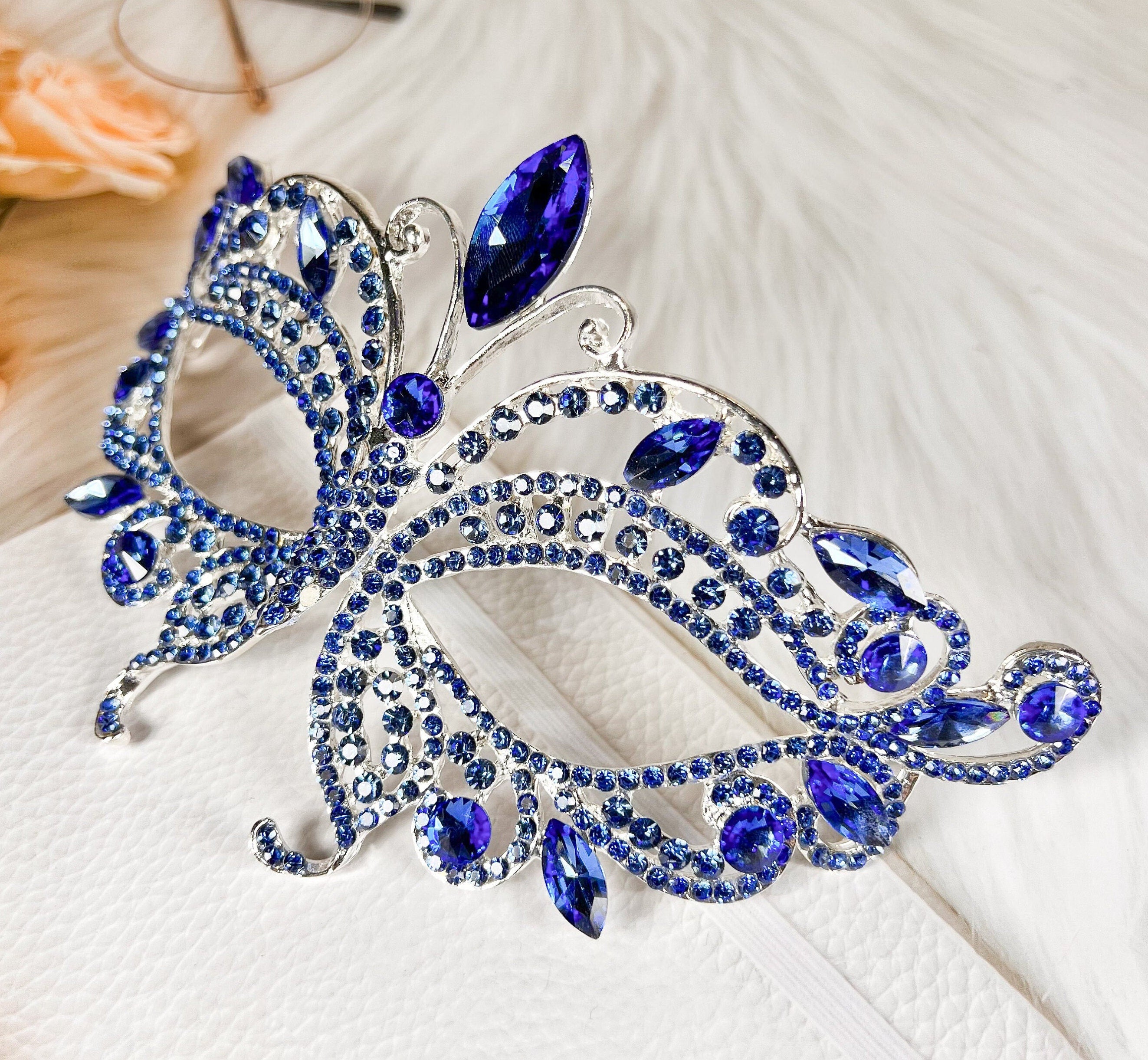 HappyJewelryWorld Butterfly Blue Silver Rhinestone Masquerade Mask