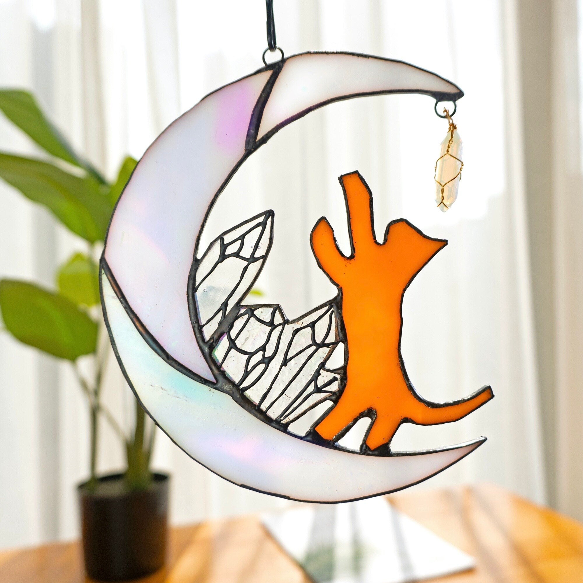 RainLine Cat on Moon Stained Glass Suncatcher 7in Iridescent