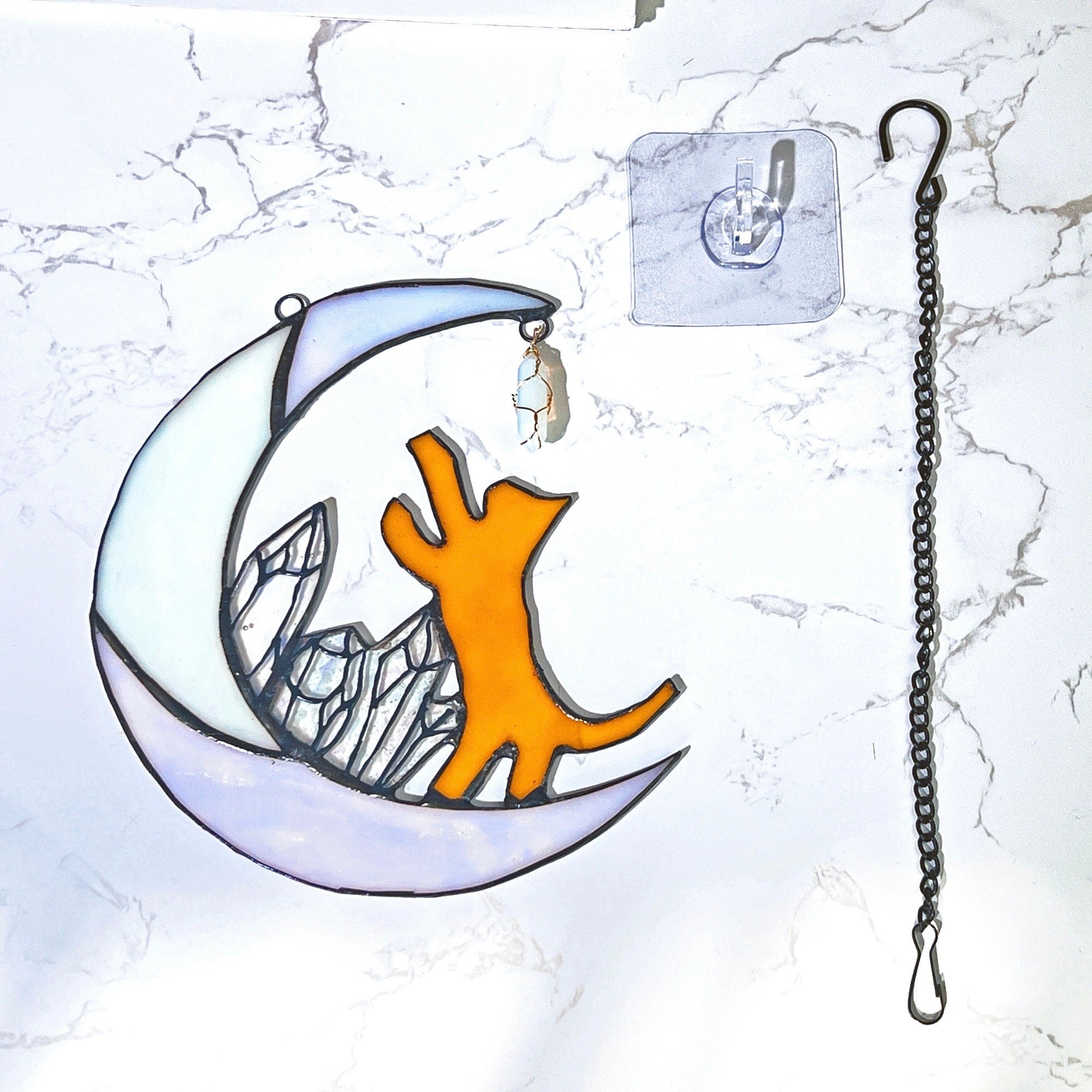 RainLine Cat on Moon Stained Glass Suncatcher 7in Iridescent