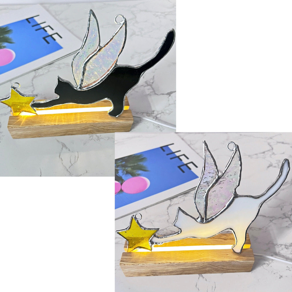 RainLine Angel Cat Stained Glass Suncatcher Lamp Iridescent Wings