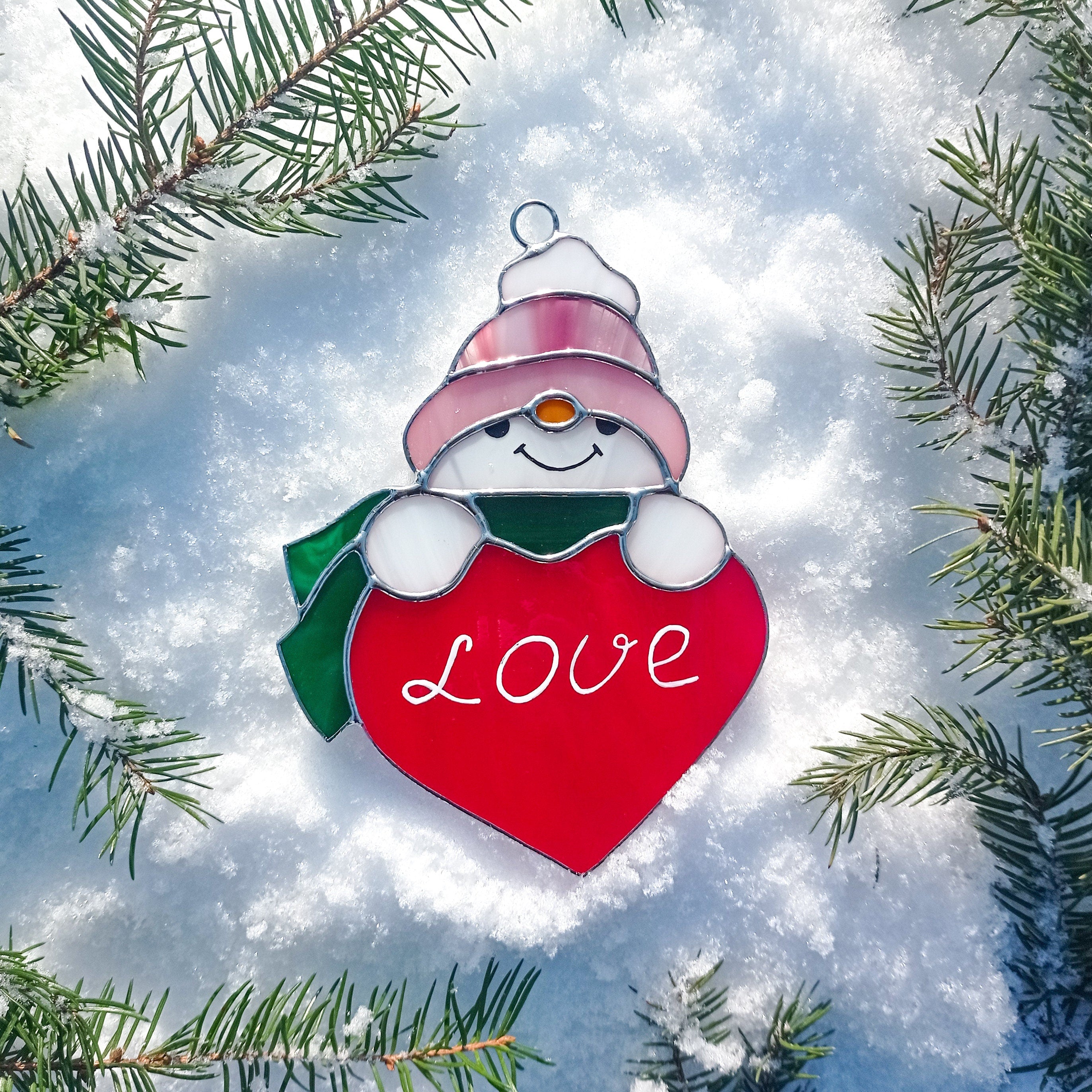 Snowman With a Heart Suncatcher Stained Glass Window Hanging Christmas Decor