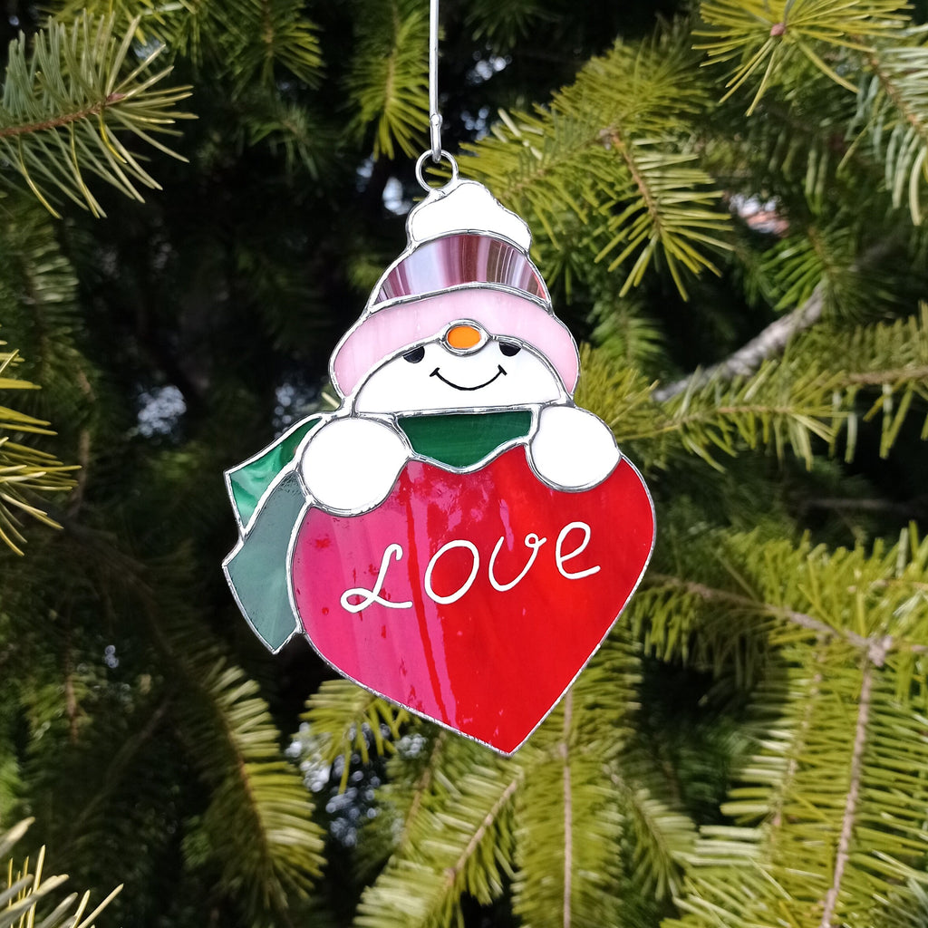 Snowman With a Heart Suncatcher Stained Glass Window Hanging Christmas Decor