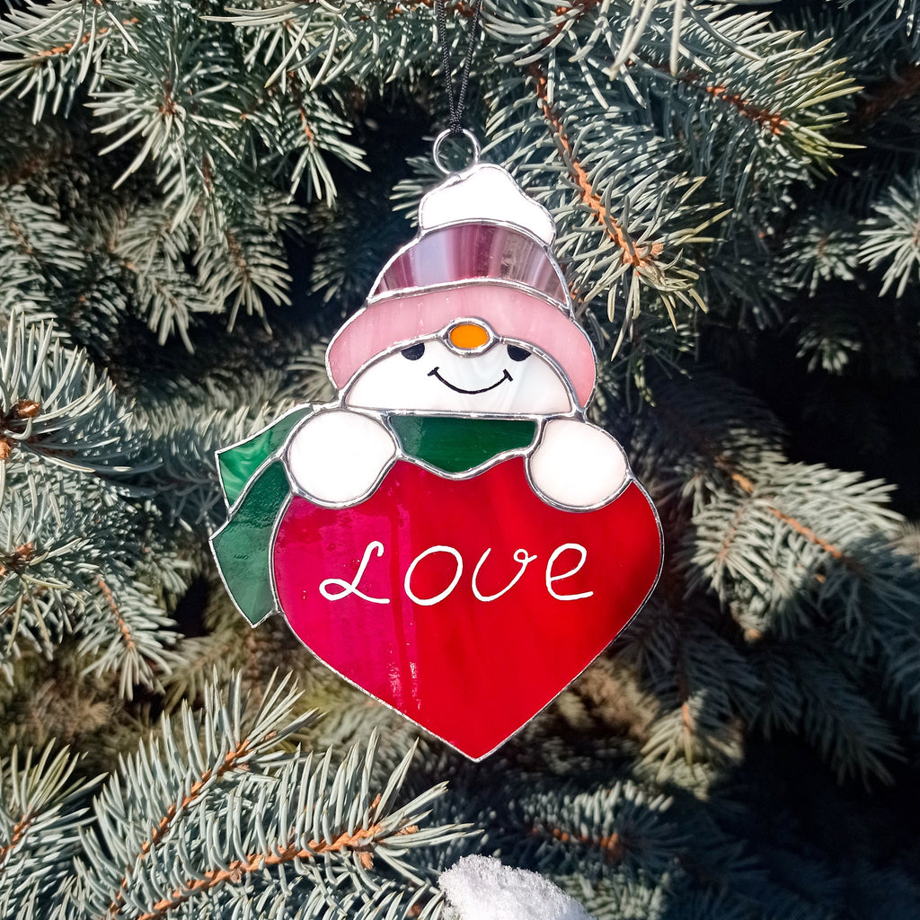 Snowman With a Heart Suncatcher Stained Glass Window Hanging Christmas Decor