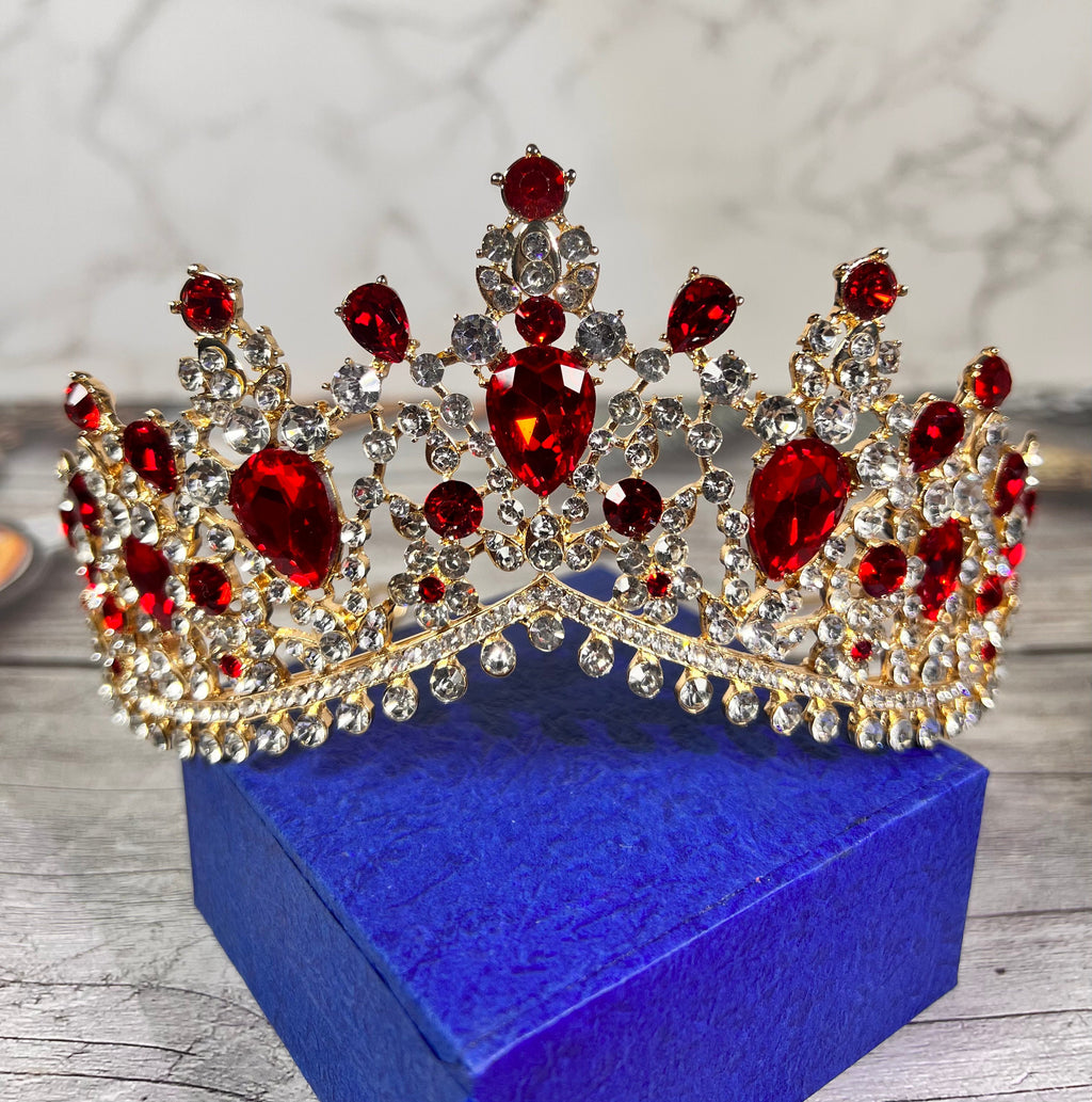 HappyJewelryWorld Luxury Bridal Red Tiara Ruby Crystal Gold Crown