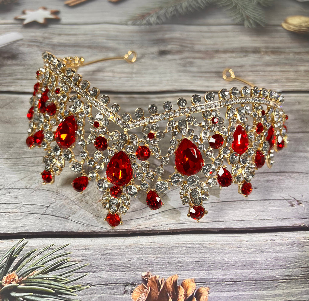HappyJewelryWorld Luxury Bridal Red Tiara Ruby Crystal Gold Crown