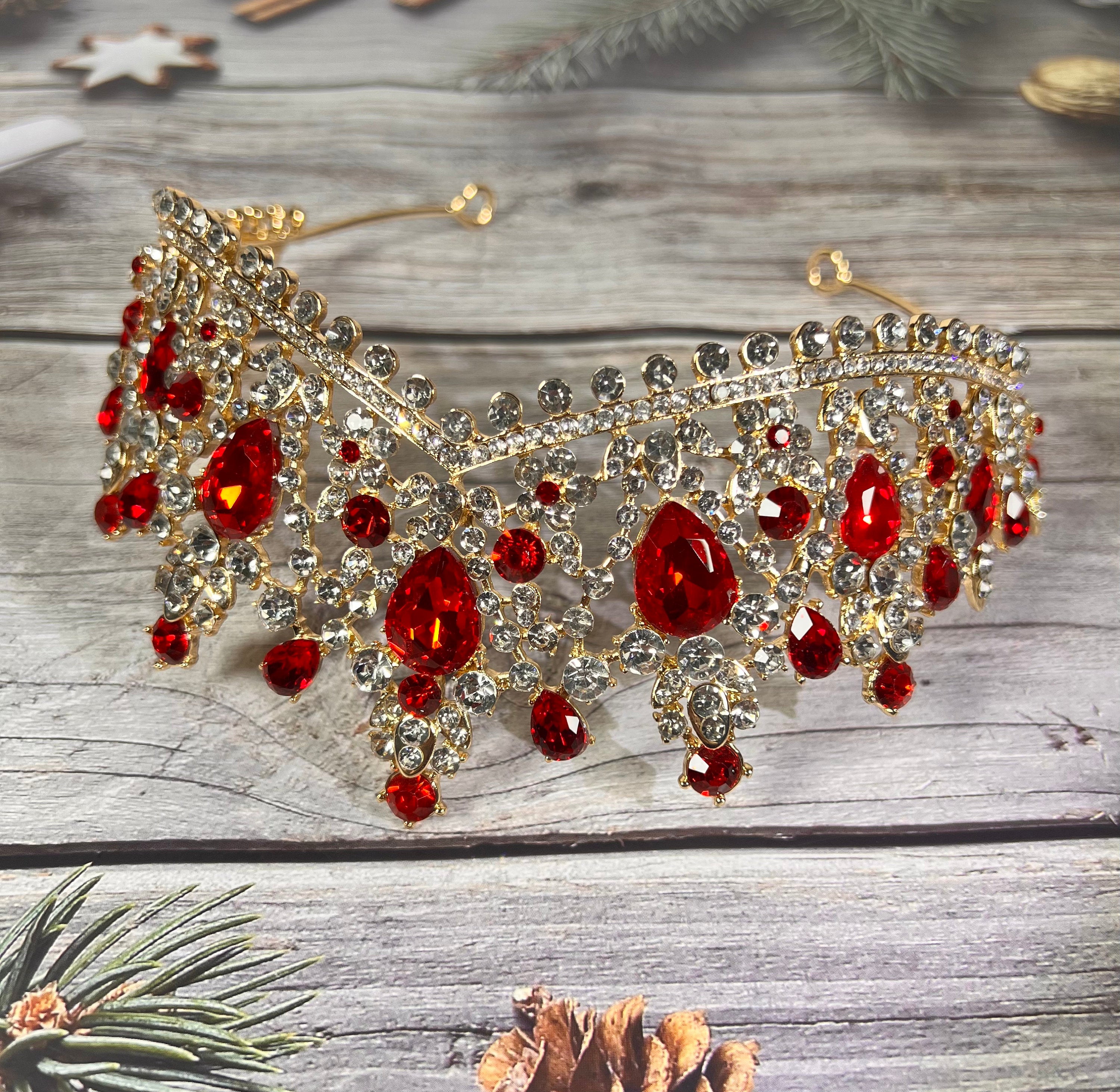 HappyJewelryWorld Luxury Bridal Red Tiara Ruby Crystal Gold Crown
