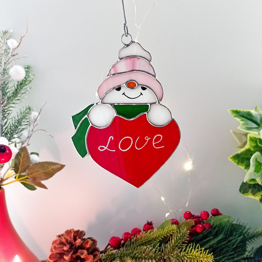 Snowman With a Heart Suncatcher Stained Glass Window Hanging Christmas Decor