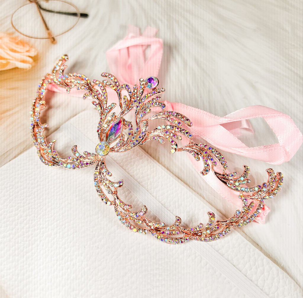 HappyJewelryWorld Rose Gold AB Crystal Venetian Masquerade Mask