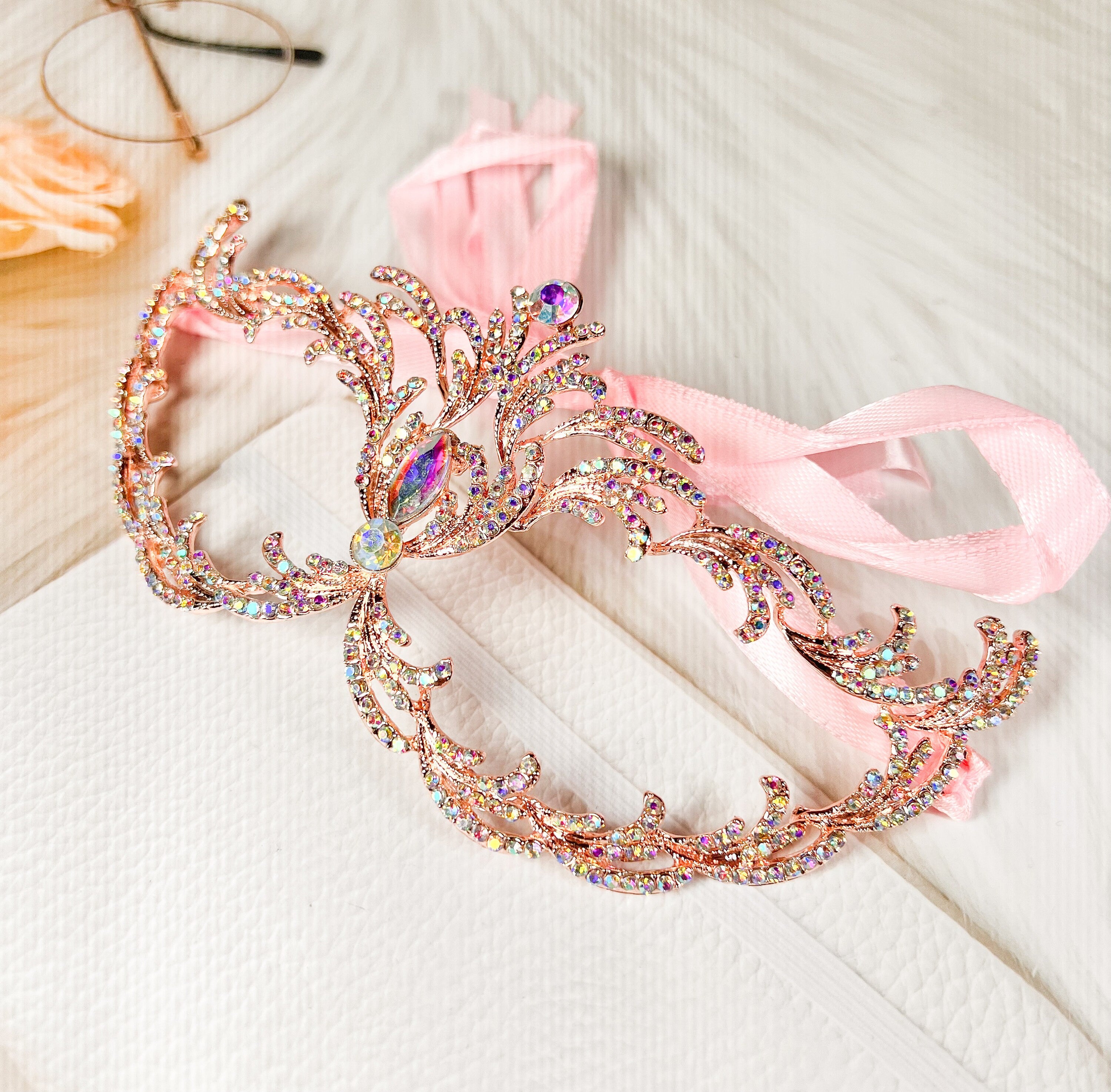 HappyJewelryWorld Rose Gold AB Crystal Venetian Masquerade Mask