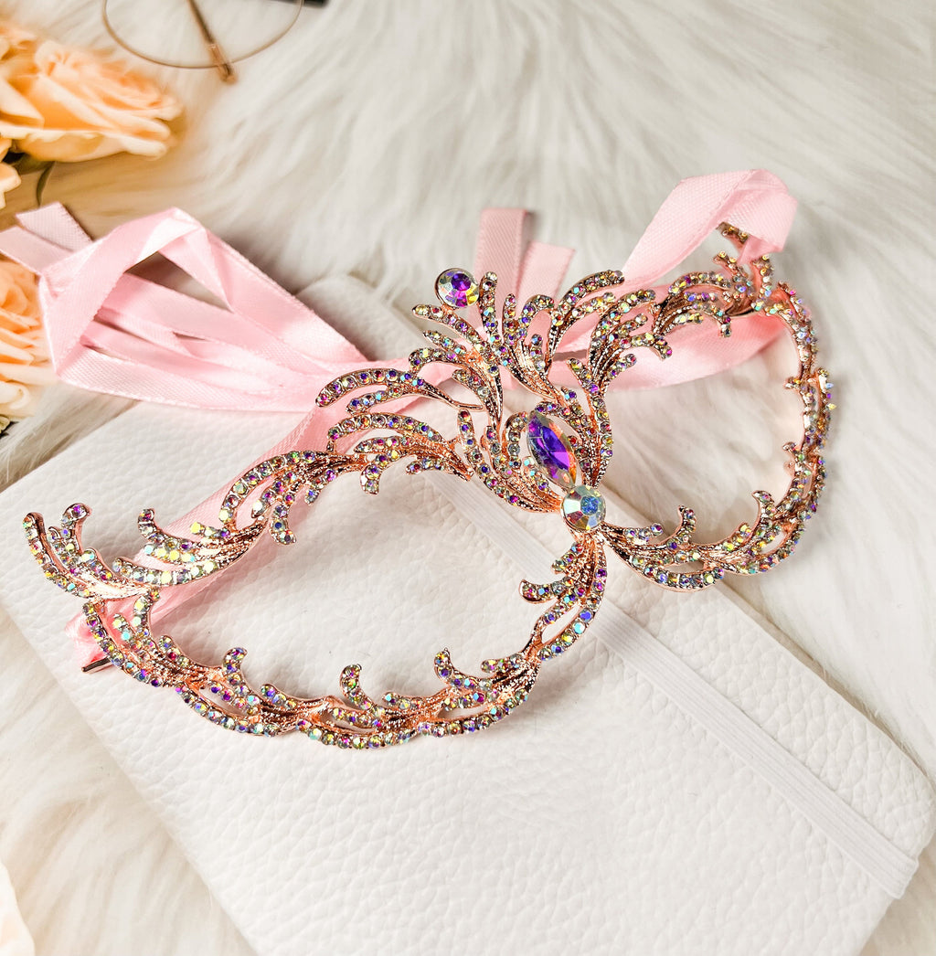 HappyJewelryWorld Rose Gold AB Crystal Venetian Masquerade Mask
