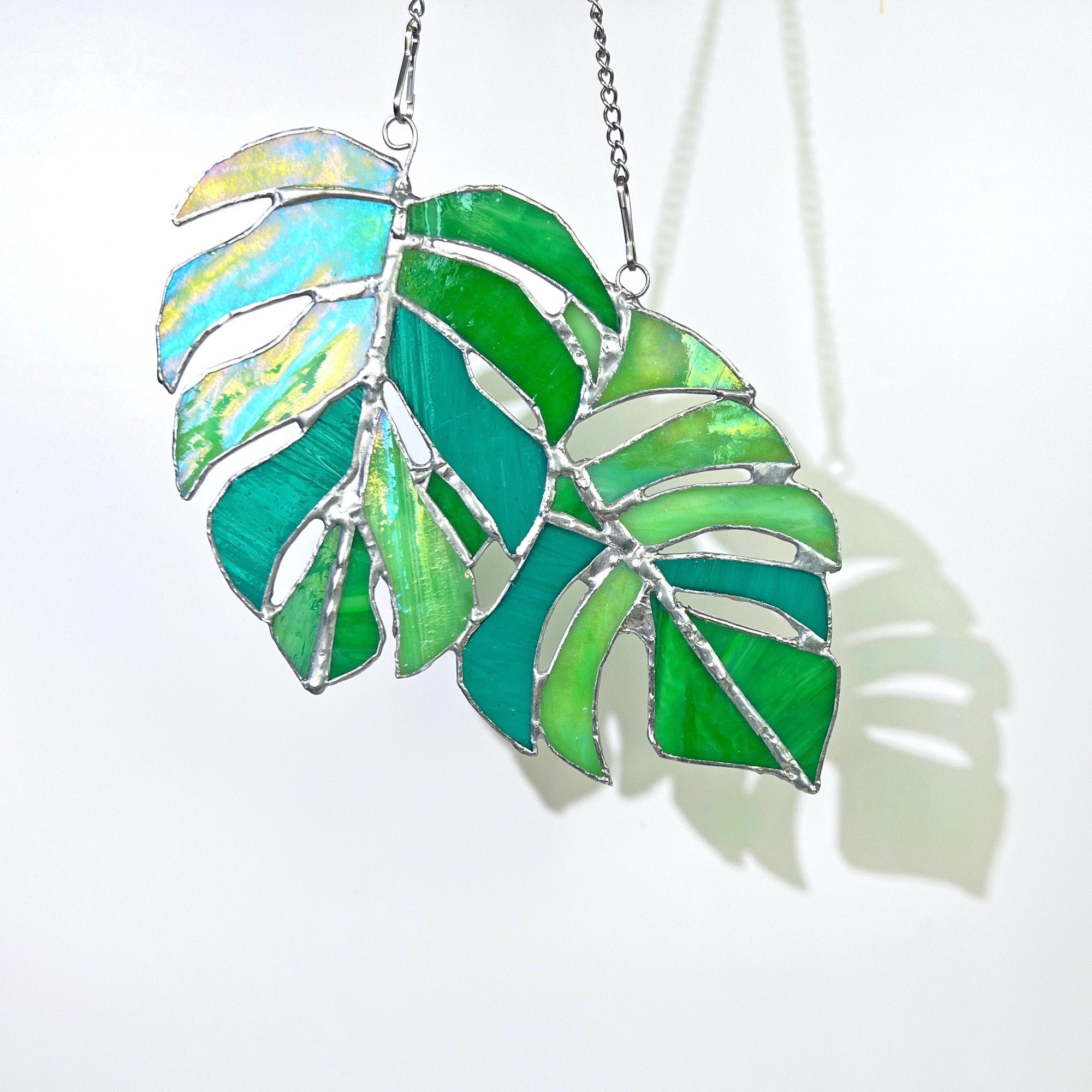 RainLine Monstera Leaves Stained Glass Suncatcher Iridescent Window Hanging Decor