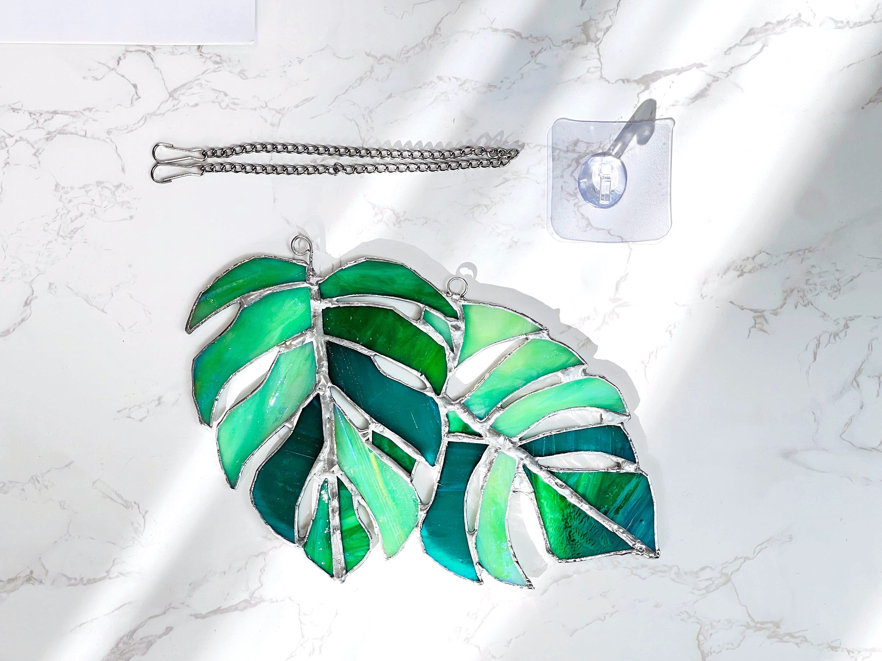 RainLine Monstera Leaves Stained Glass Suncatcher Iridescent Window Hanging Decor