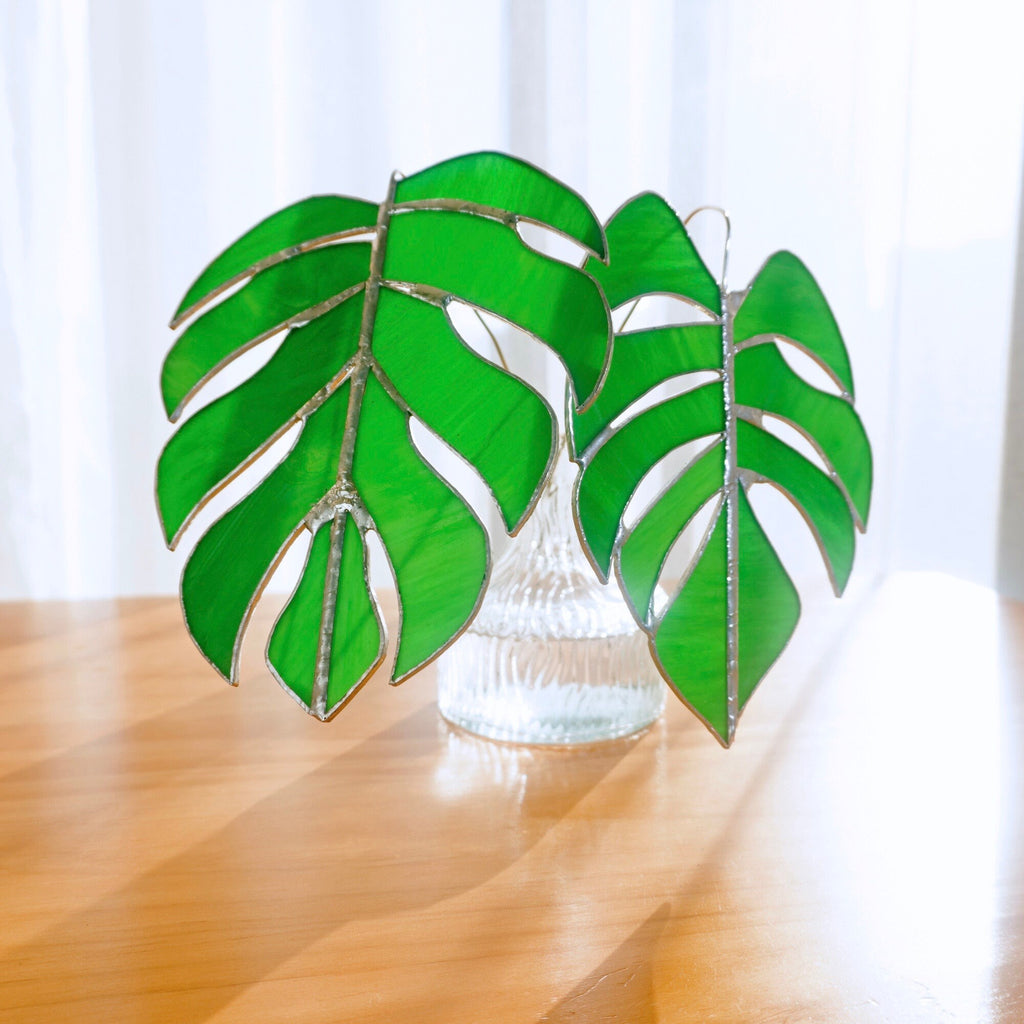 RainLine Handcrafted Stained Glass Monstera Table Decor Set 2 Leaves