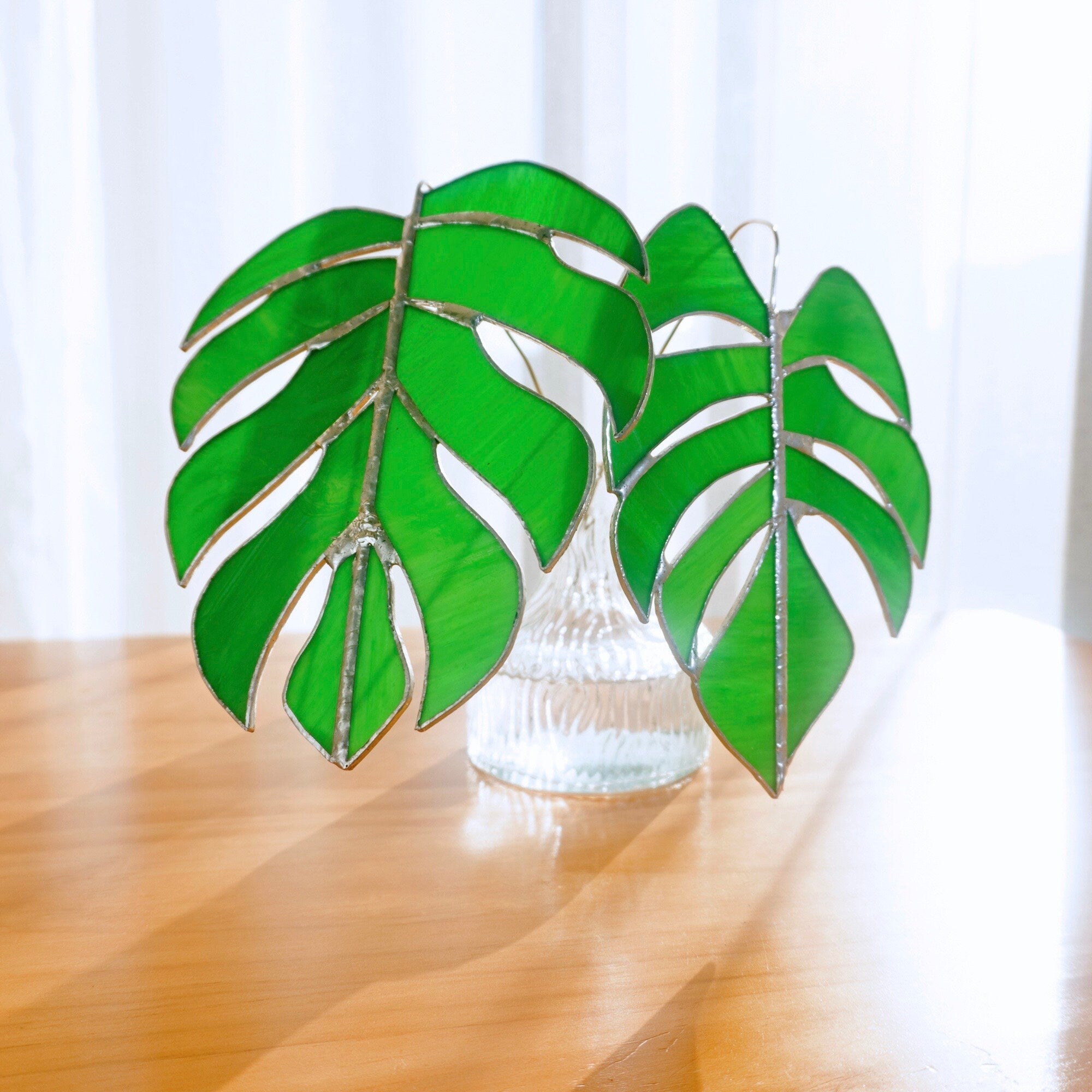 RainLine Handcrafted Stained Glass Monstera Table Decor Set 2 Leaves