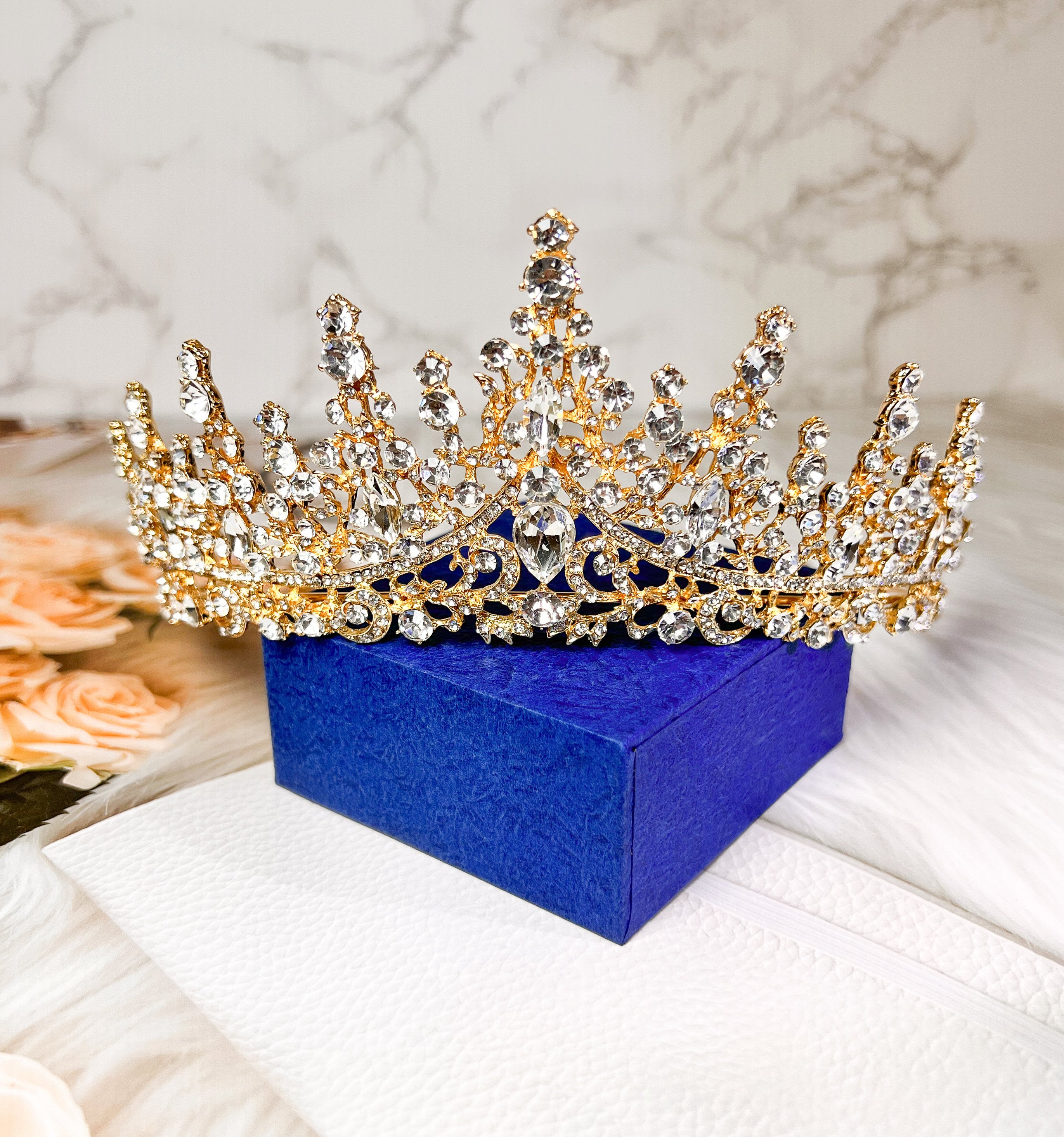 Gold Rhinestone Queen Crown Royal Wedding Tiara with Crystal Gems