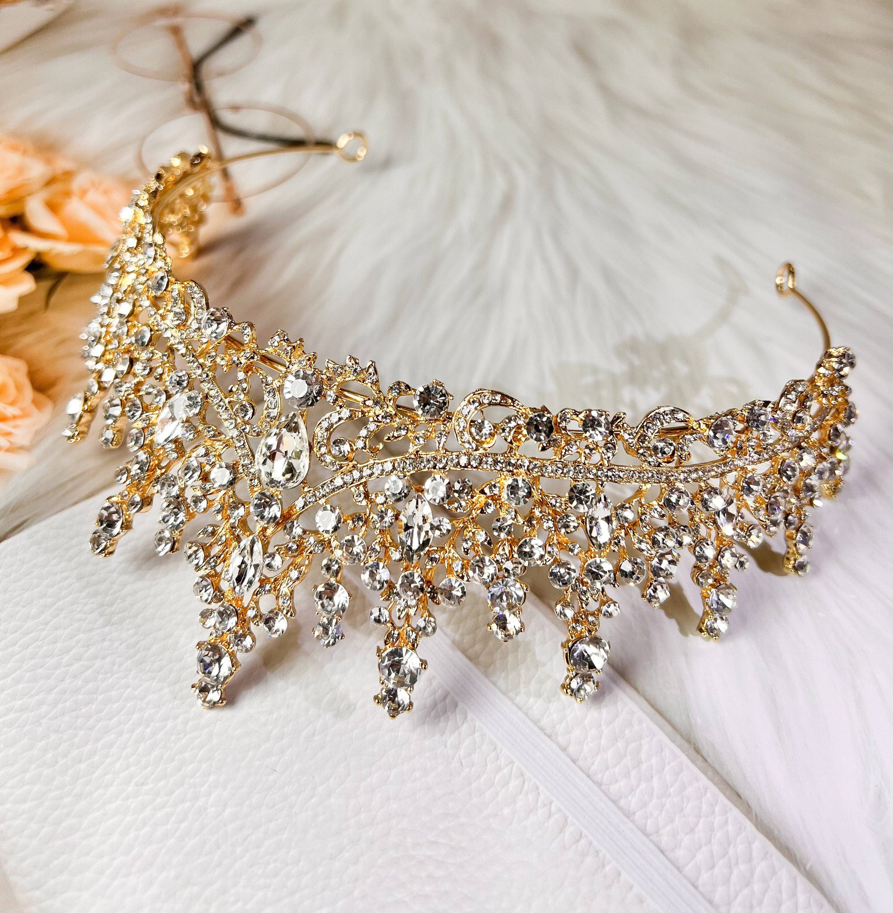 Gold Rhinestone Queen Crown Royal Wedding Tiara with Crystal Gems
