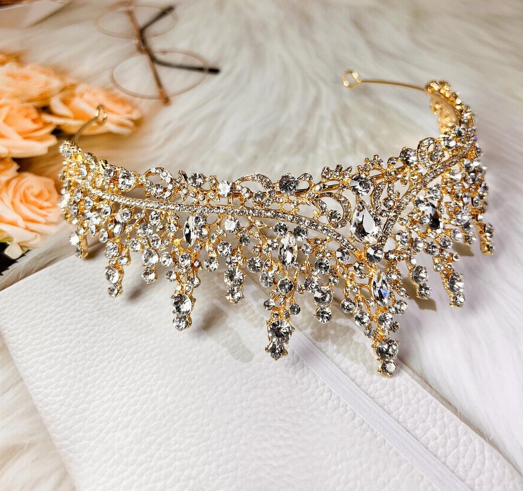 Gold Rhinestone Queen Crown Royal Wedding Tiara with Crystal Gems