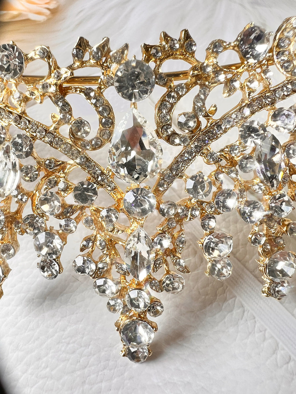 Gold Rhinestone Queen Crown Royal Wedding Tiara with Crystal Gems