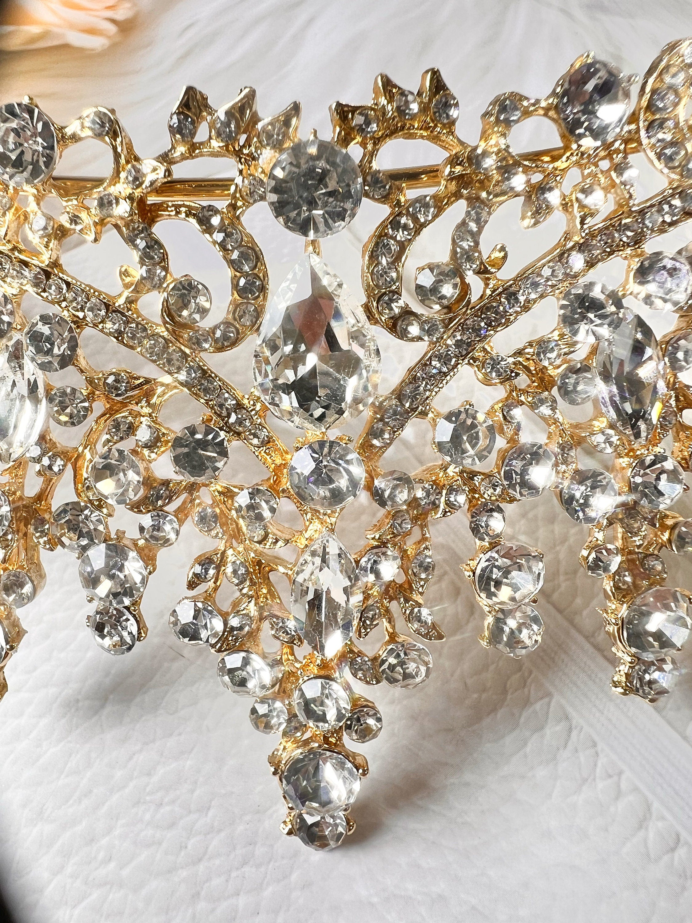 Gold Rhinestone Queen Crown Royal Wedding Tiara with Crystal Gems