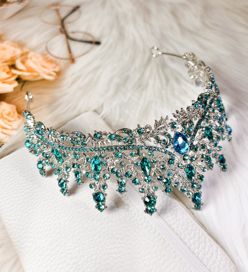 Ocean Blue Rhinestone Crystal Gemstone Tiara Queen Bridal Crown