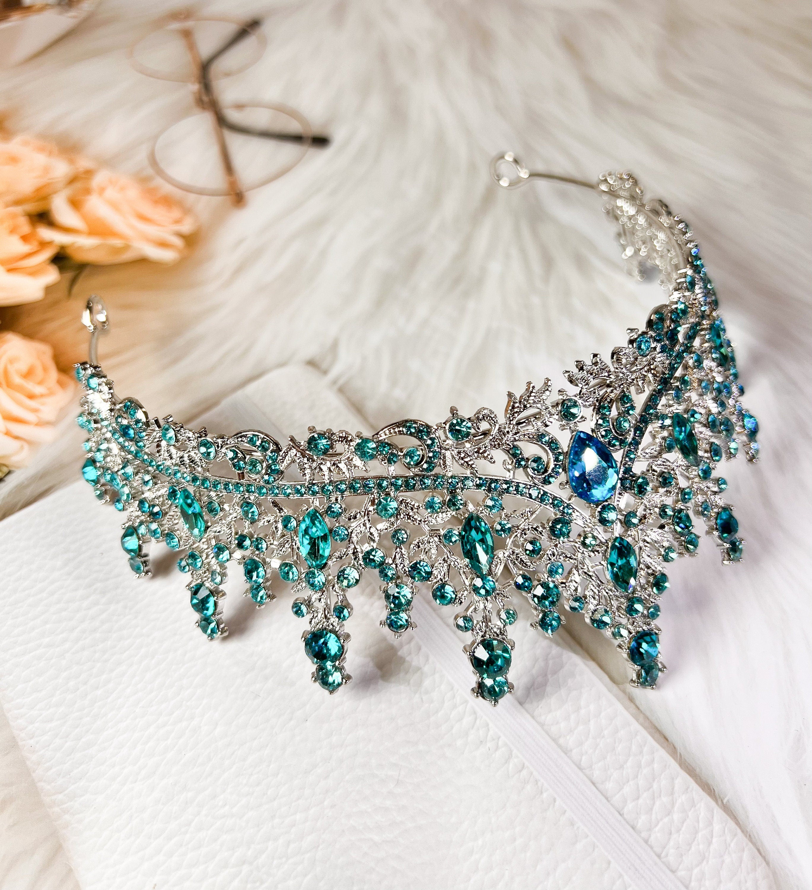 Ocean Blue Rhinestone Crystal Gemstone Tiara Queen Bridal Crown