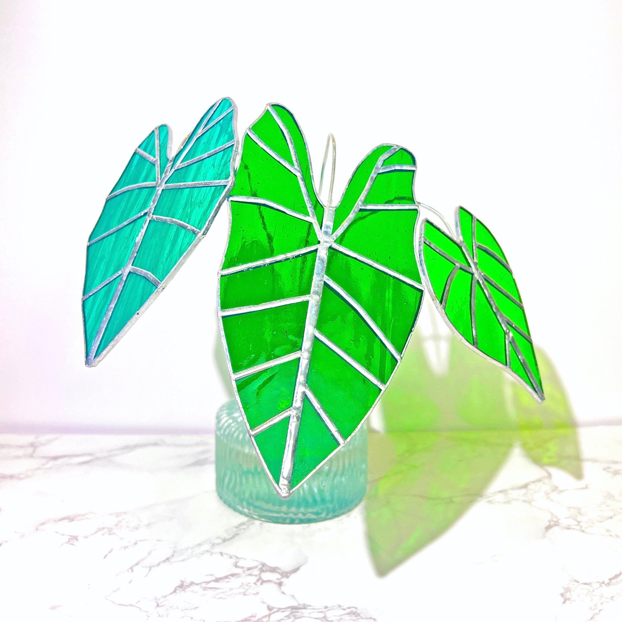 RainLine Alocasia Frydek Stained Glass Suncatcher Set of 3 Handmade Table Decor