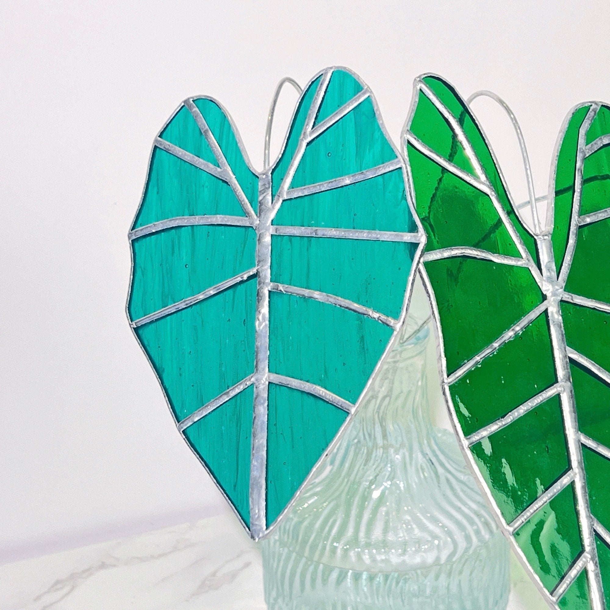 RainLine Alocasia Frydek Stained Glass Suncatcher Set of 3 Handmade Table Decor