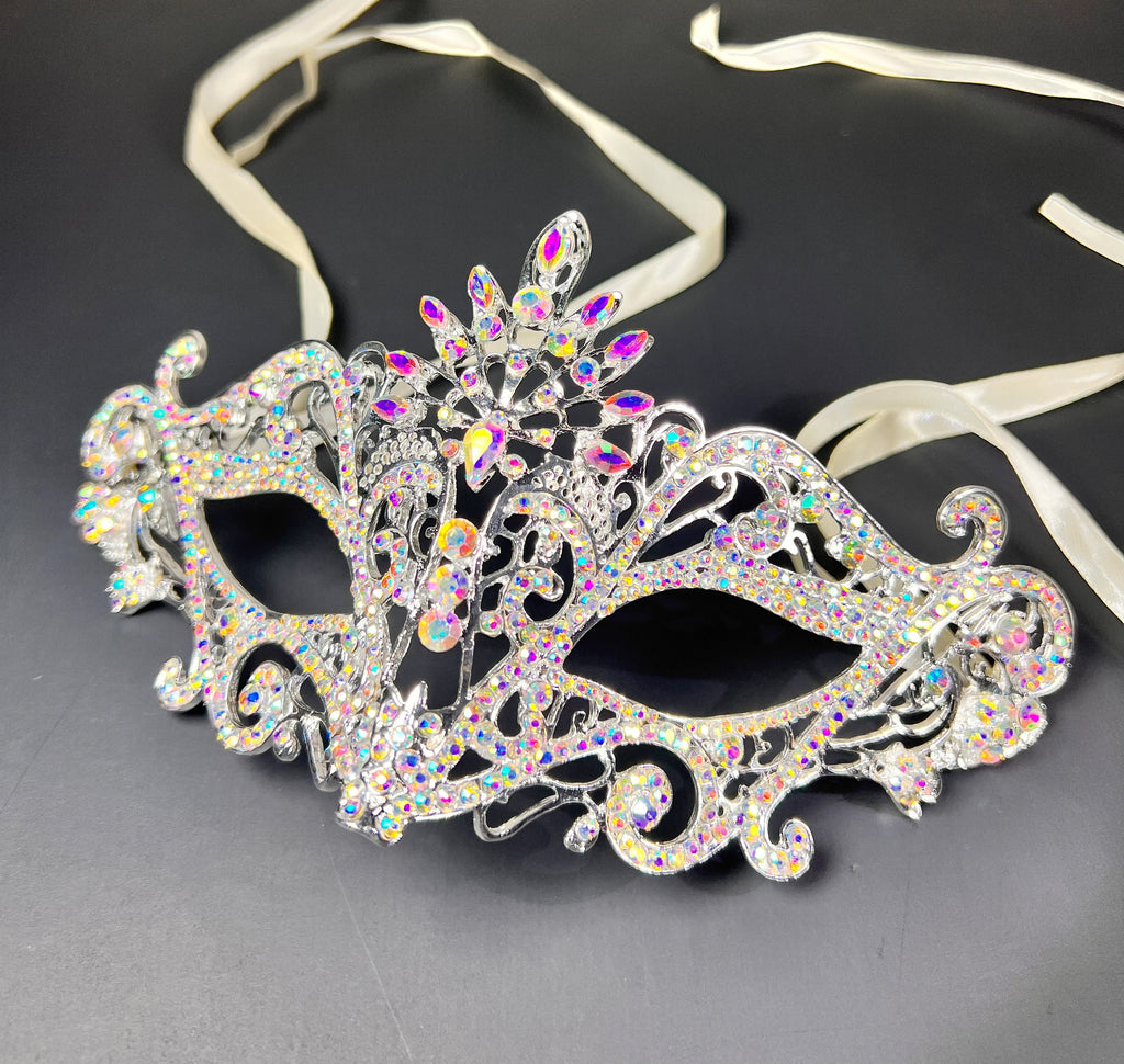 HappyJewelryWorld Crystal Rhinestone Masquerade Eye Mask Silver