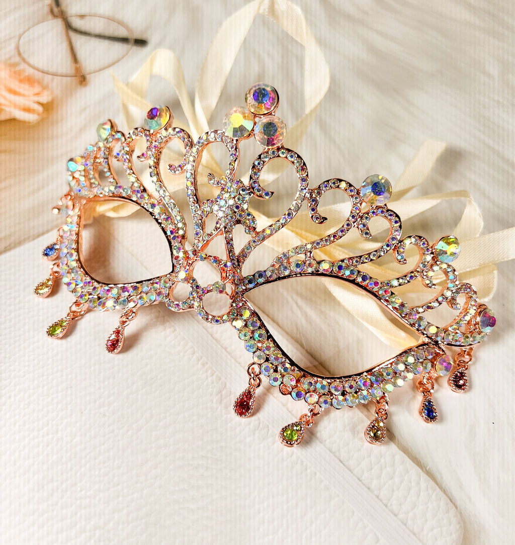 HappyJewelryWorld Venetian Masquerade Mask Rose Gold Rhinestone