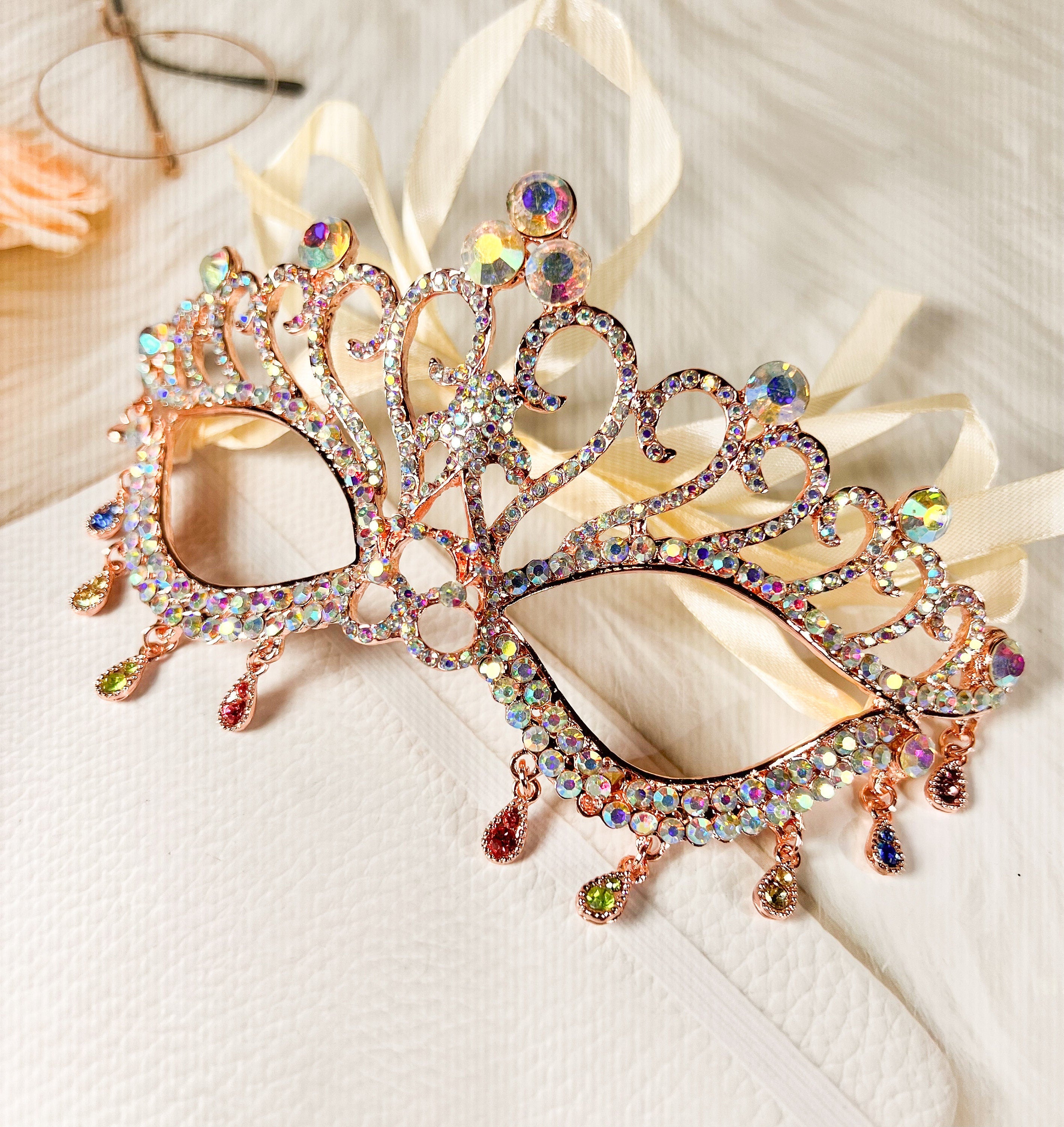 HappyJewelryWorld Venetian Masquerade Mask Rose Gold Rhinestone