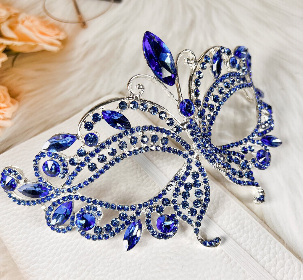 HappyJewelryWorld Butterfly Blue Silver Rhinestone Masquerade Mask