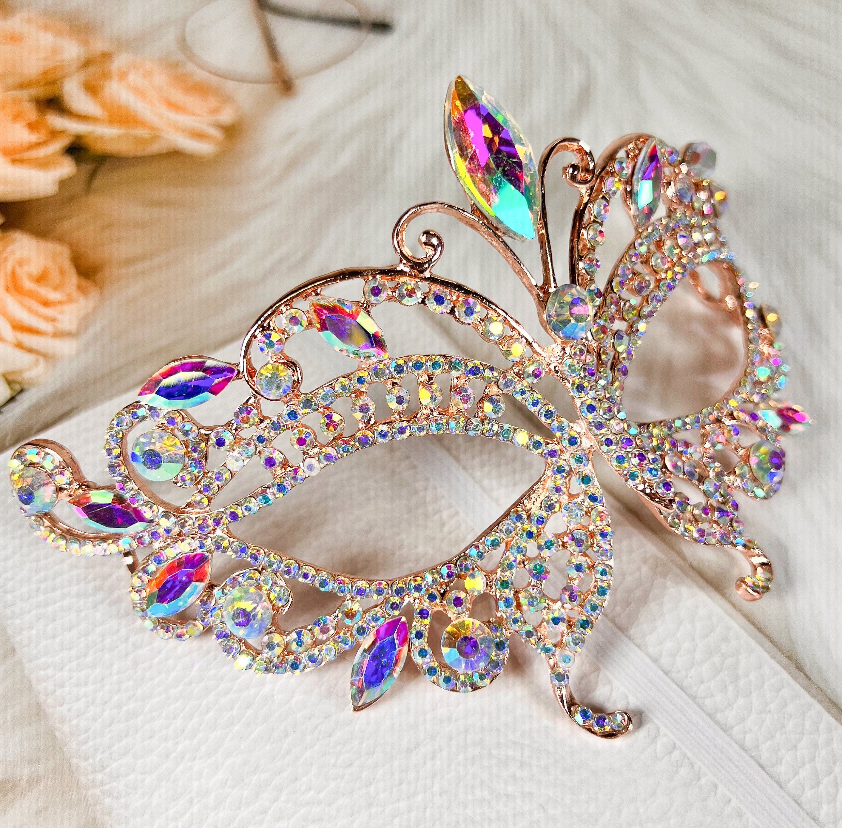 HappyJewelryWorld Butterfly Crystal Masquerade Mask Gold Rhinestone