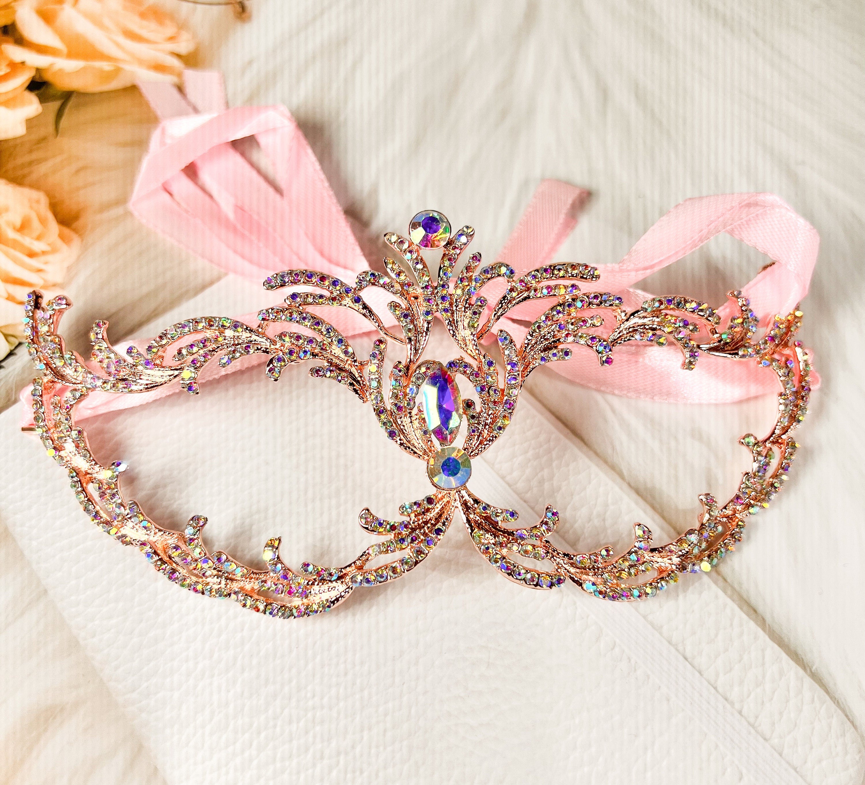 HappyJewelryWorld Rose Gold AB Crystal Venetian Masquerade Mask