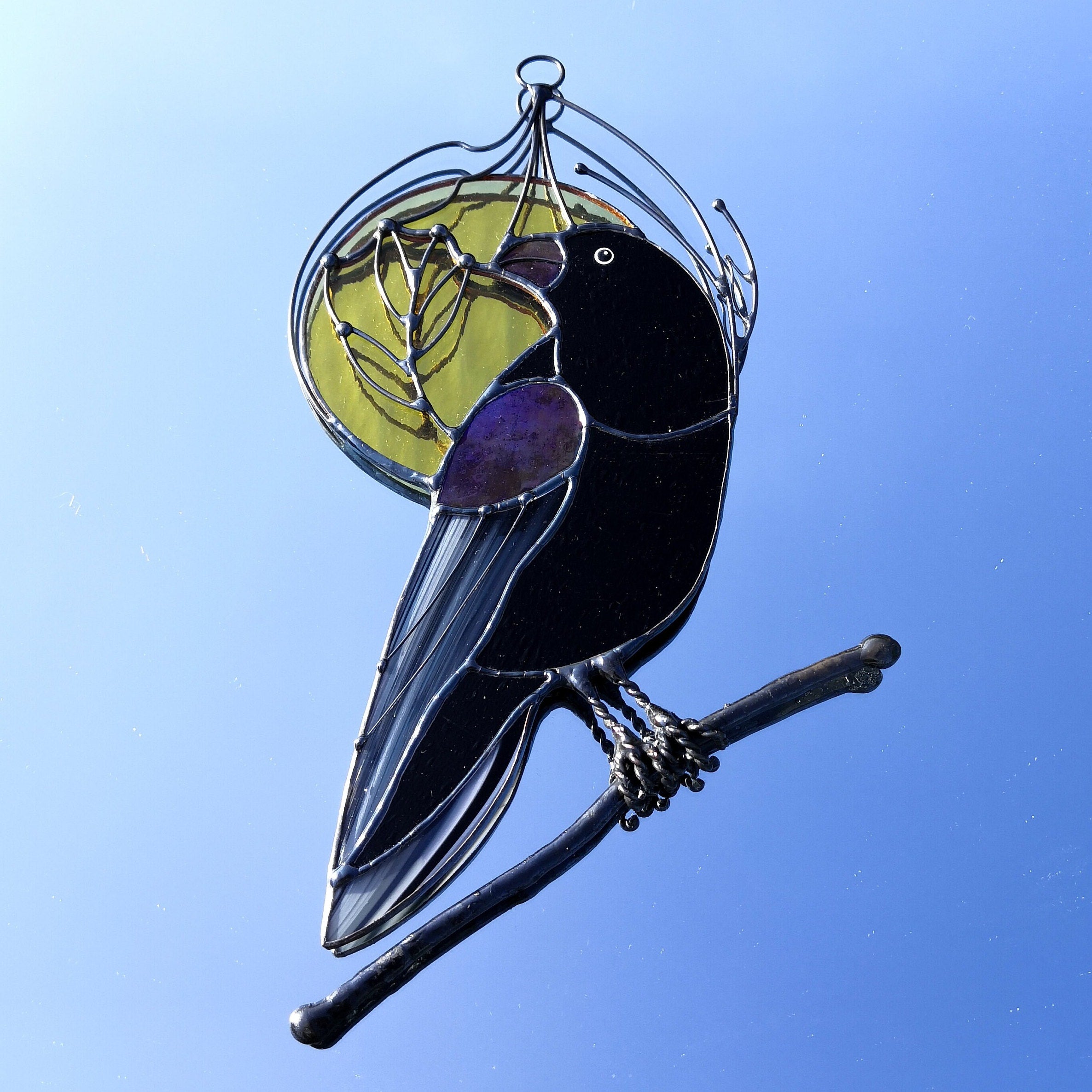 SunStainedGlassUA Raven Moon Stained Glass Suncatcher Window Hanging
