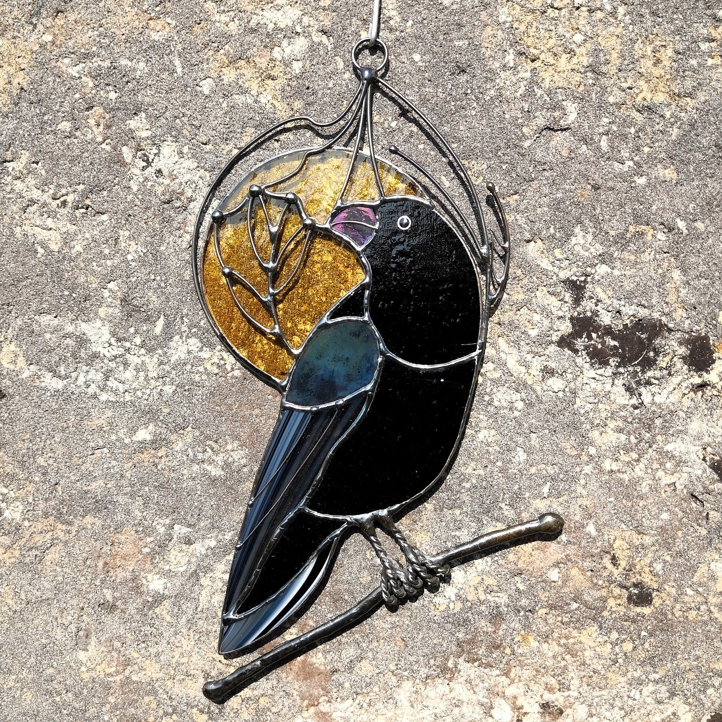 SunStainedGlassUA Raven Moon Stained Glass Suncatcher Window Hanging