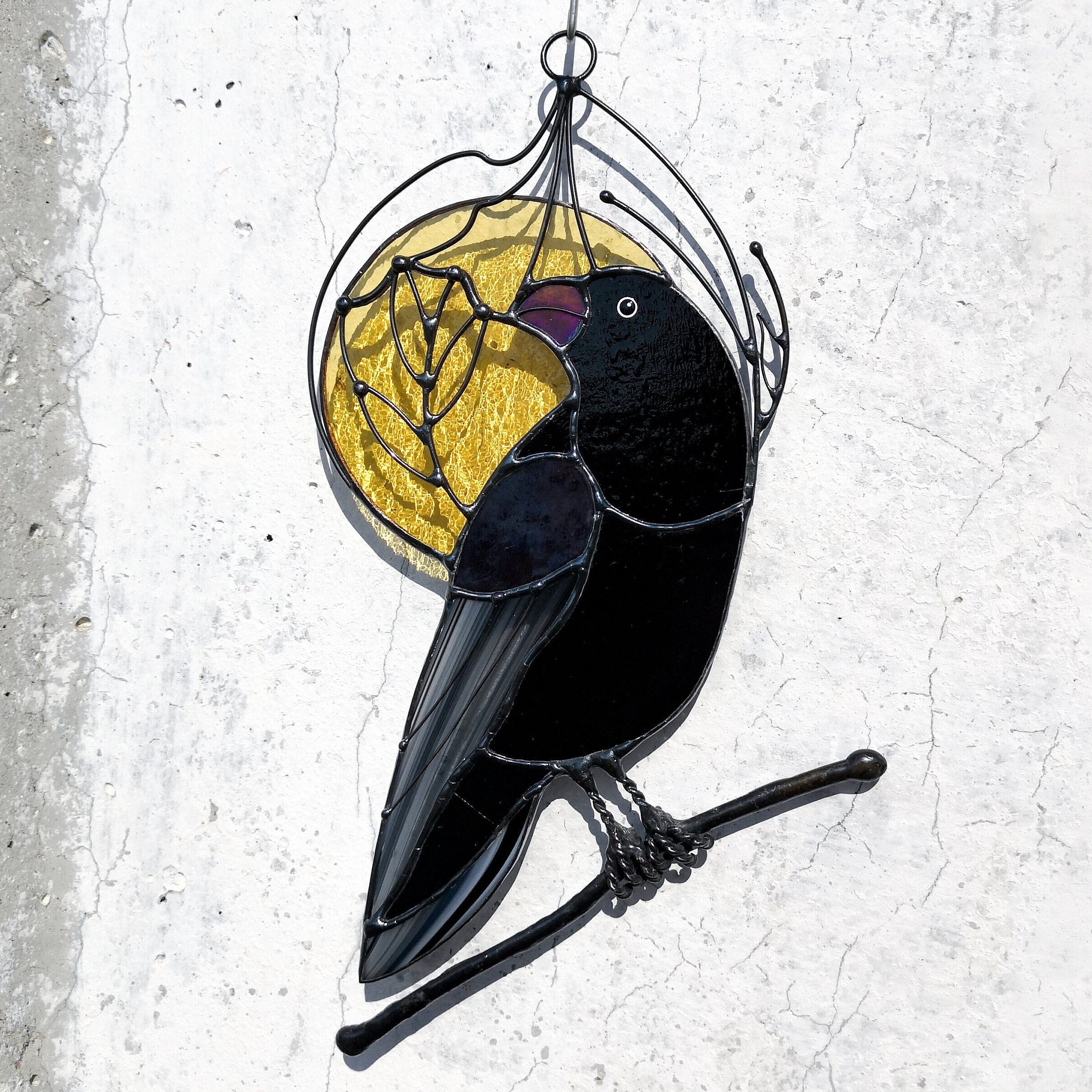 SunStainedGlassUA Raven Moon Stained Glass Suncatcher Window Hanging