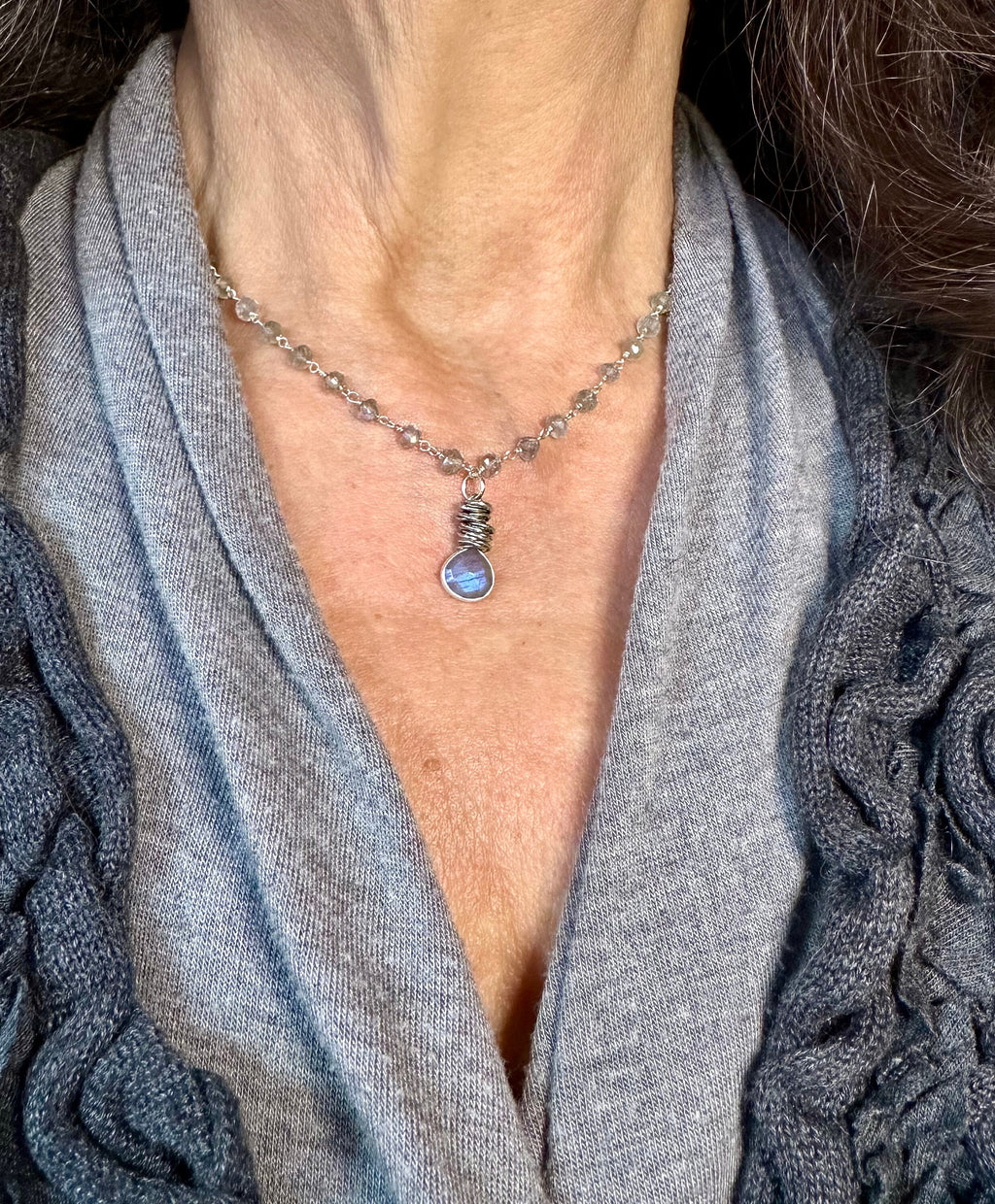 MossberryandStone Labradorite Sterling Silver Rosary Pendant Necklace