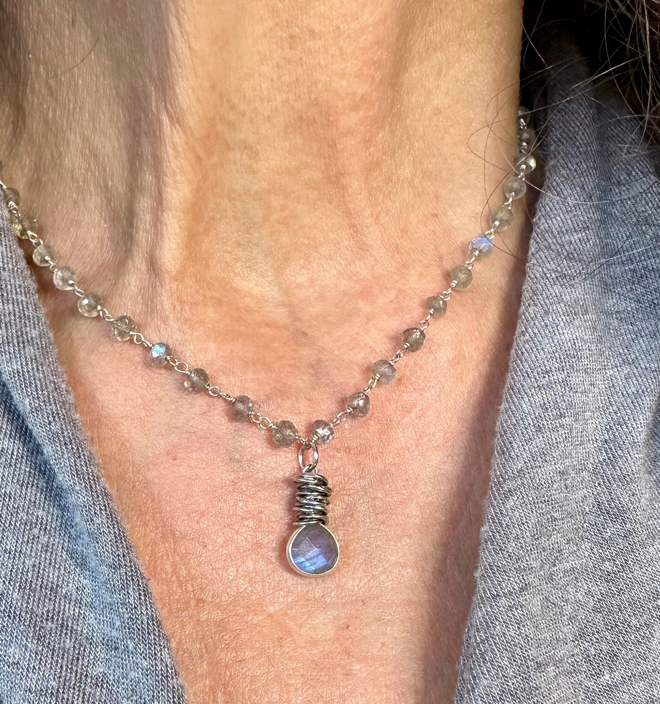 MossberryandStone Labradorite Sterling Silver Rosary Pendant Necklace