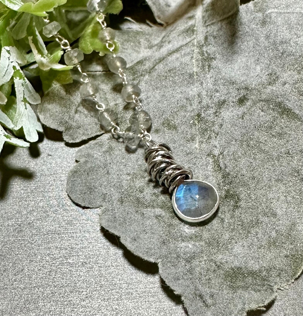 MossberryandStone Labradorite Sterling Silver Rosary Pendant Necklace