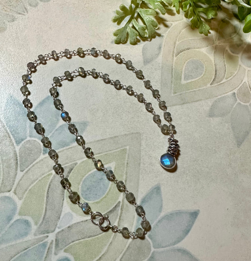 MossberryandStone Labradorite Sterling Silver Rosary Pendant Necklace