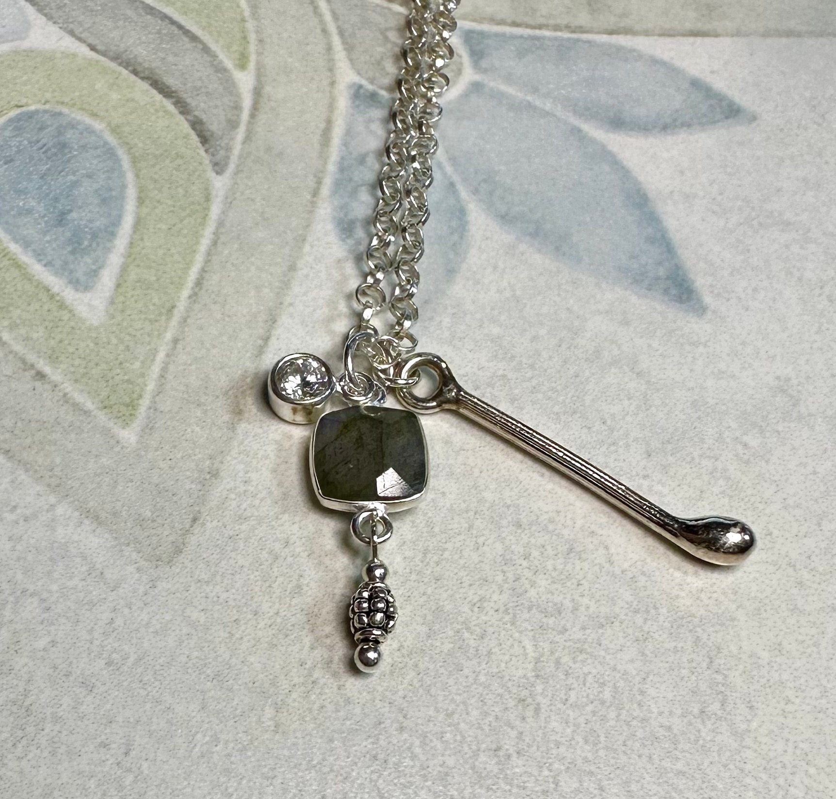 MossberryandStone Triple Charm Sterling Silver Pendant Necklace Labradorite 17in
