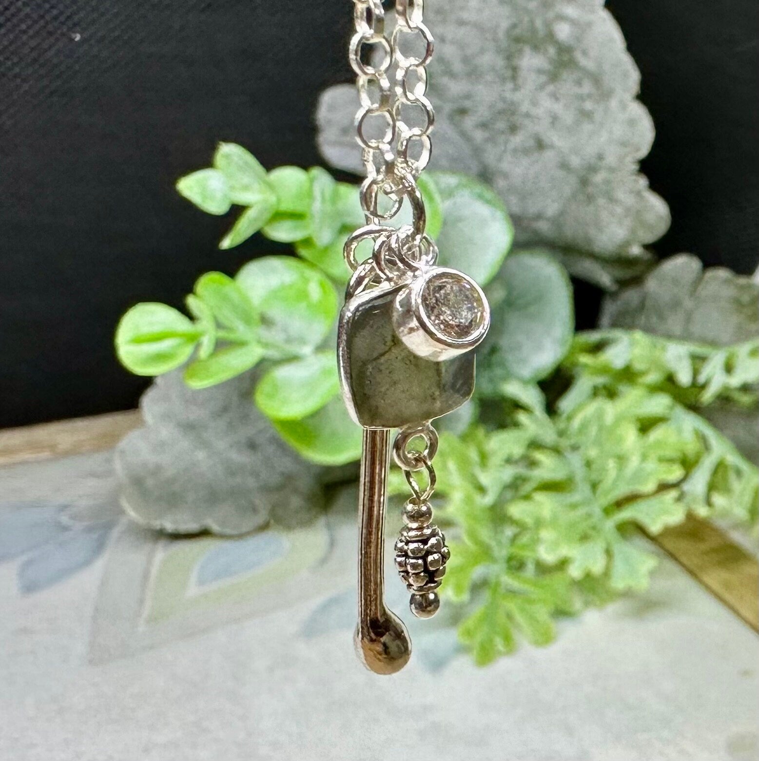 MossberryandStone Triple Charm Sterling Silver Pendant Necklace Labradorite 17in