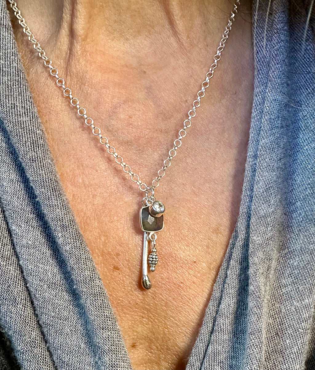 MossberryandStone Triple Charm Sterling Silver Pendant Necklace Labradorite 17in