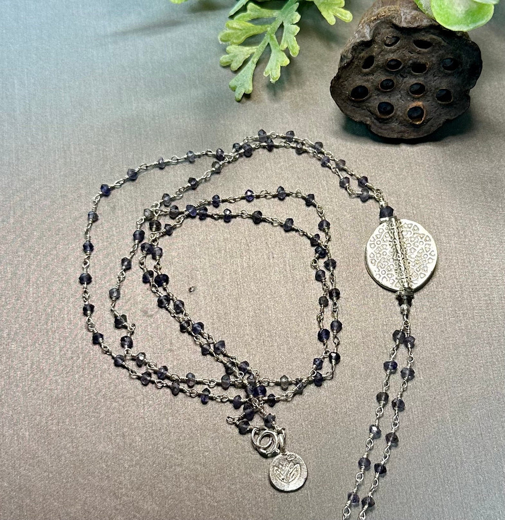 Iolite and Sterling Silver Extra Long Lariat Necklace, Hammered Silver Medallion, Purple Rosary Chain, One-of-a-Kind