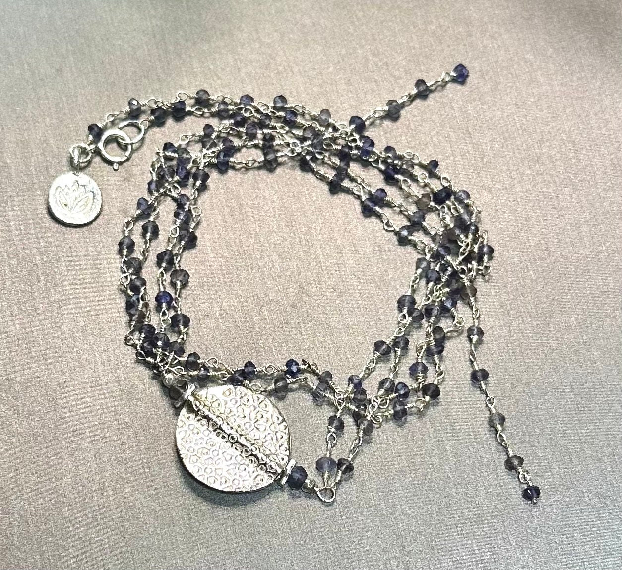 Iolite and Sterling Silver Extra Long Lariat Necklace, Hammered Silver Medallion, Purple Rosary Chain, One-of-a-Kind