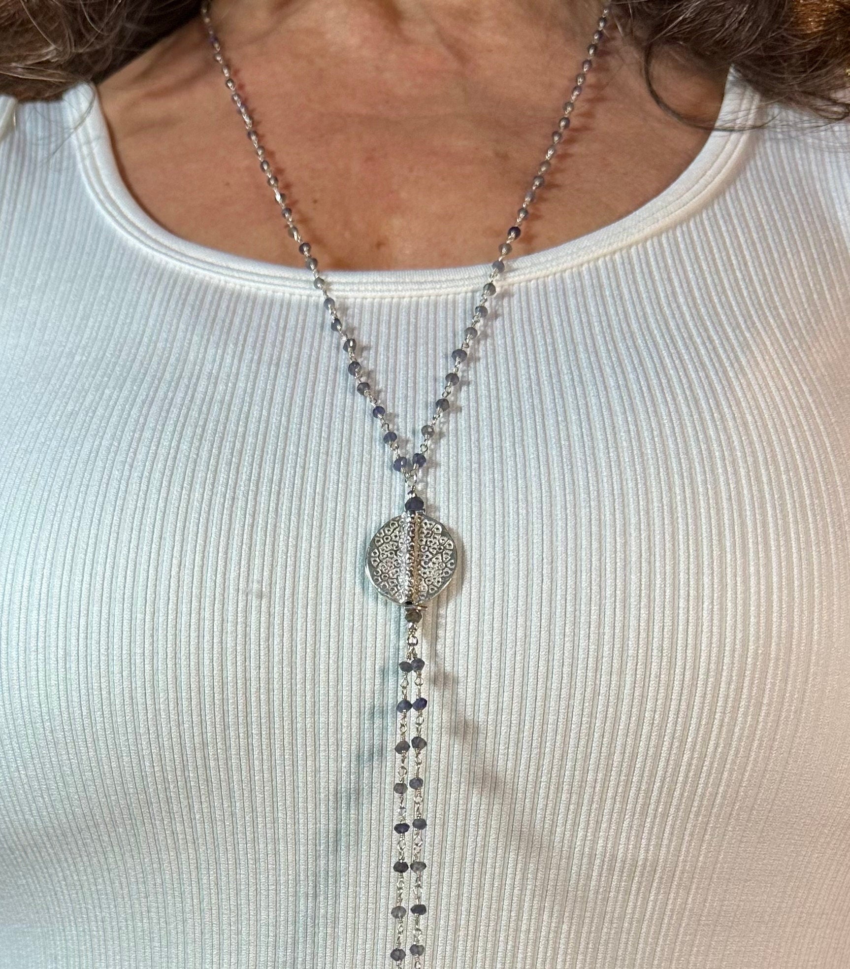 Iolite and Sterling Silver Extra Long Lariat Necklace, Hammered Silver Medallion, Purple Rosary Chain, One-of-a-Kind