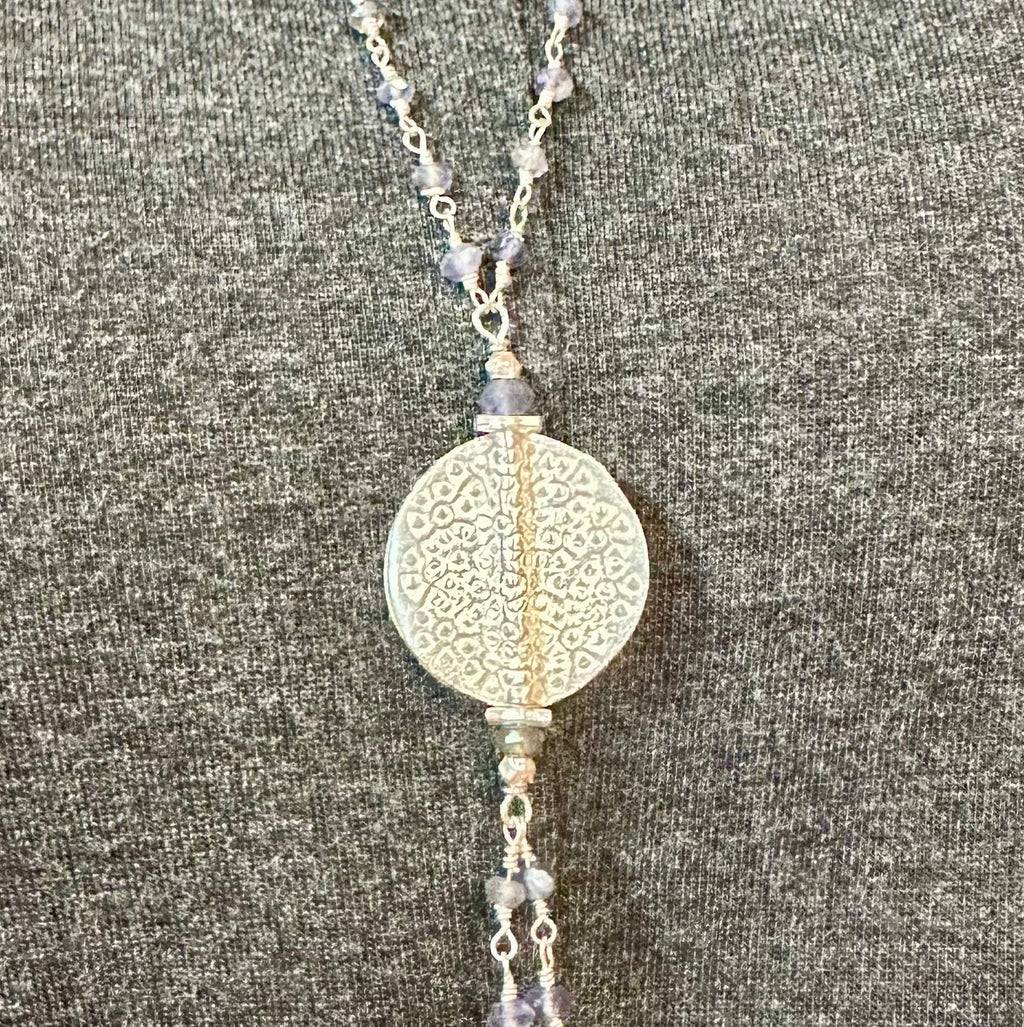 Iolite and Sterling Silver Extra Long Lariat Necklace, Hammered Silver Medallion, Purple Rosary Chain, One-of-a-Kind
