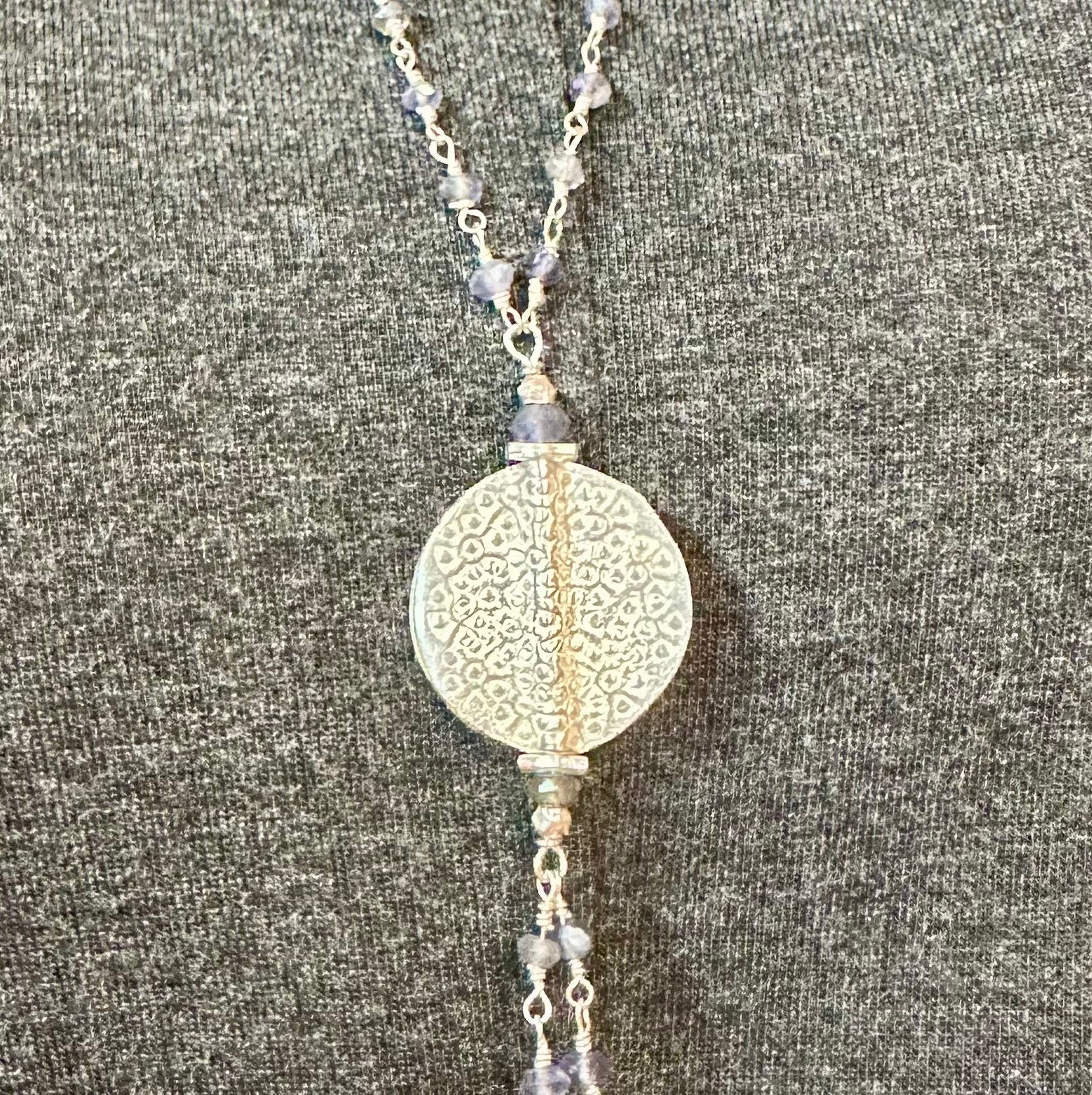 Iolite and Sterling Silver Extra Long Lariat Necklace, Hammered Silver Medallion, Purple Rosary Chain, One-of-a-Kind