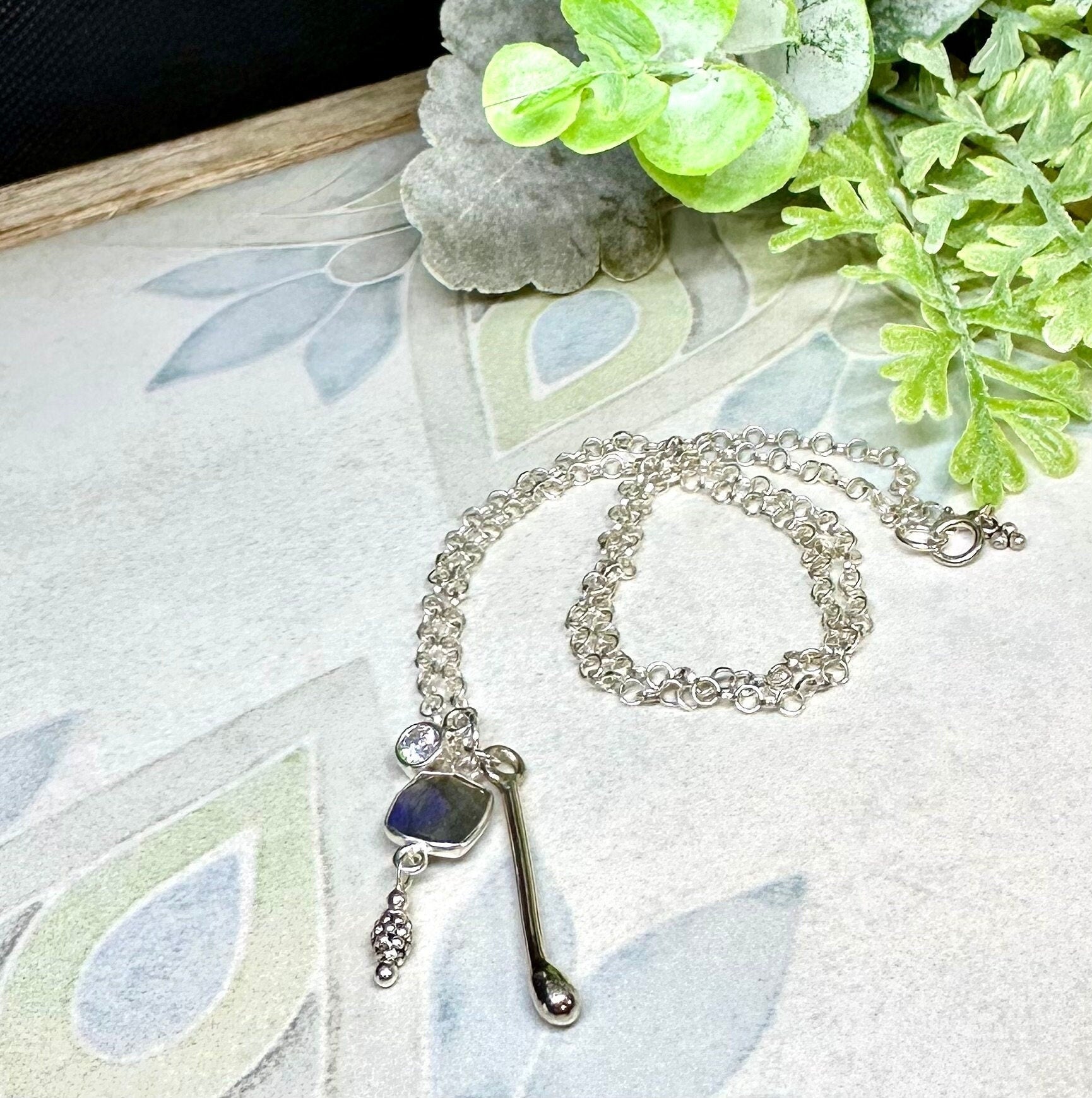MossberryandStone Triple Charm Sterling Silver Pendant Necklace Labradorite 17in